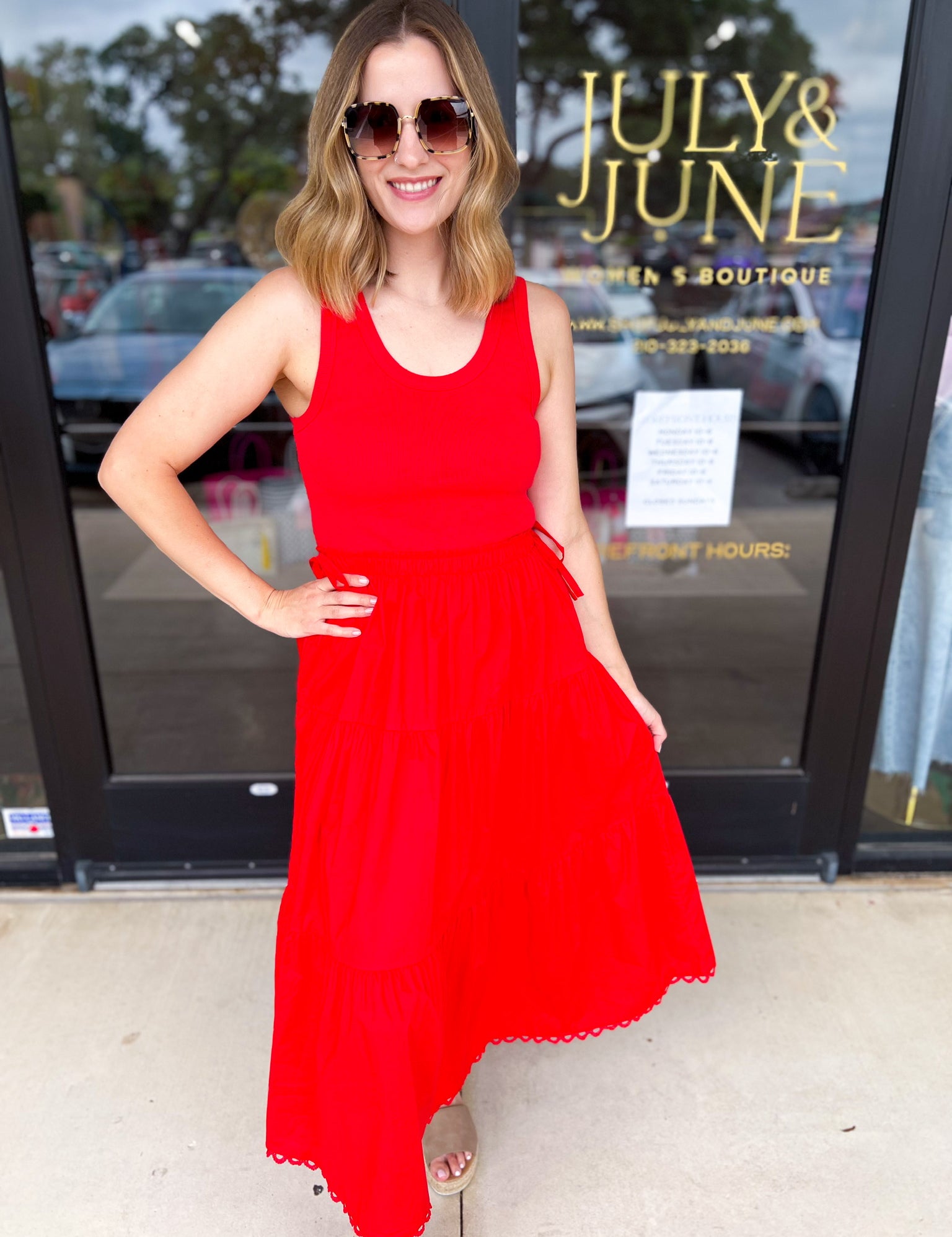The Summertime Savvy Midi Dress - Red-500 Midi-SKIES ARE BLUE-July & June Women's Fashion Boutique Located in San Antonio, Texas