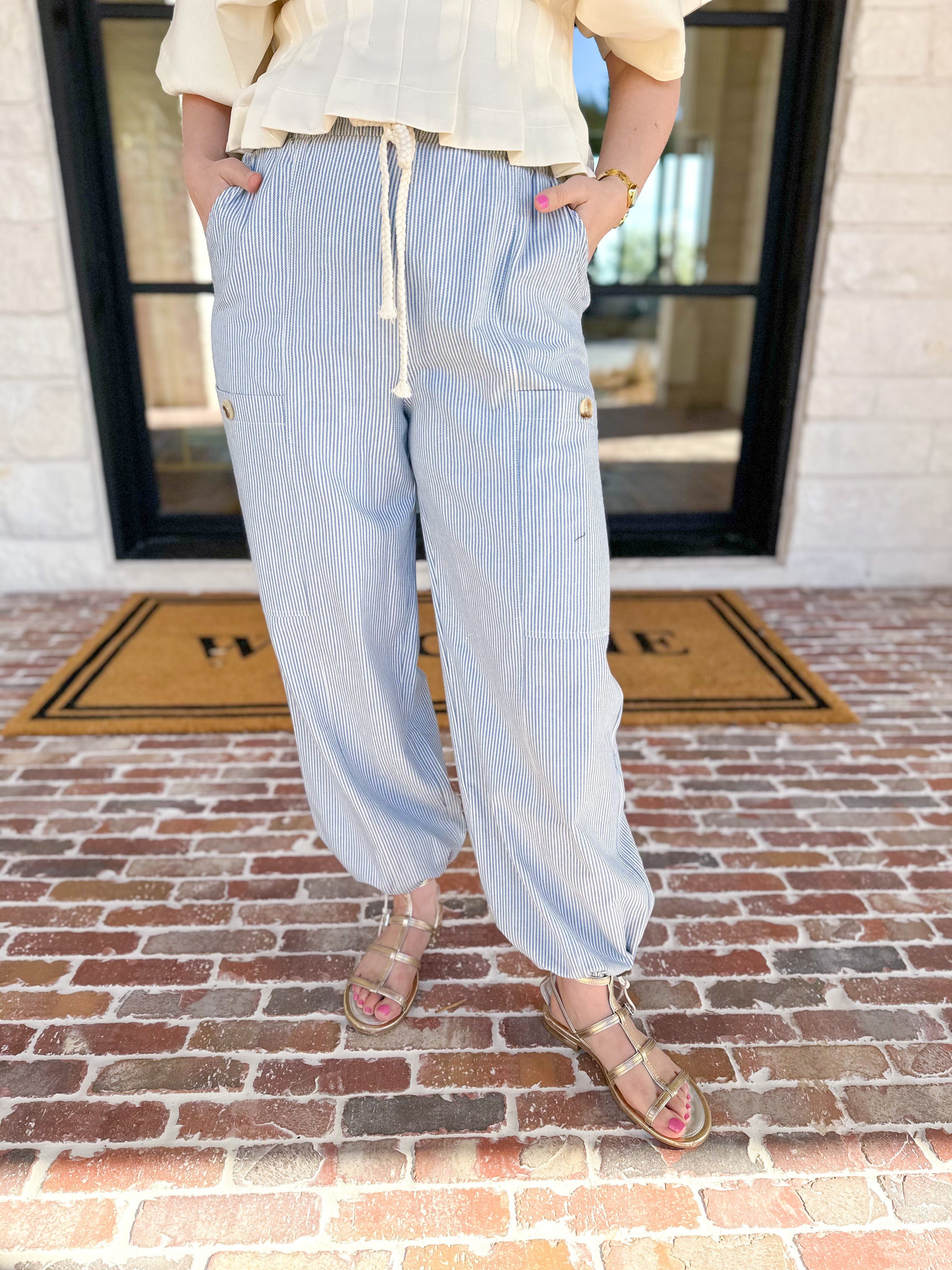 Striped Twill Elastic Barrel Pants-400 Pants-ALLIE ROSE-July & June Women's Fashion Boutique Located in San Antonio, Texas