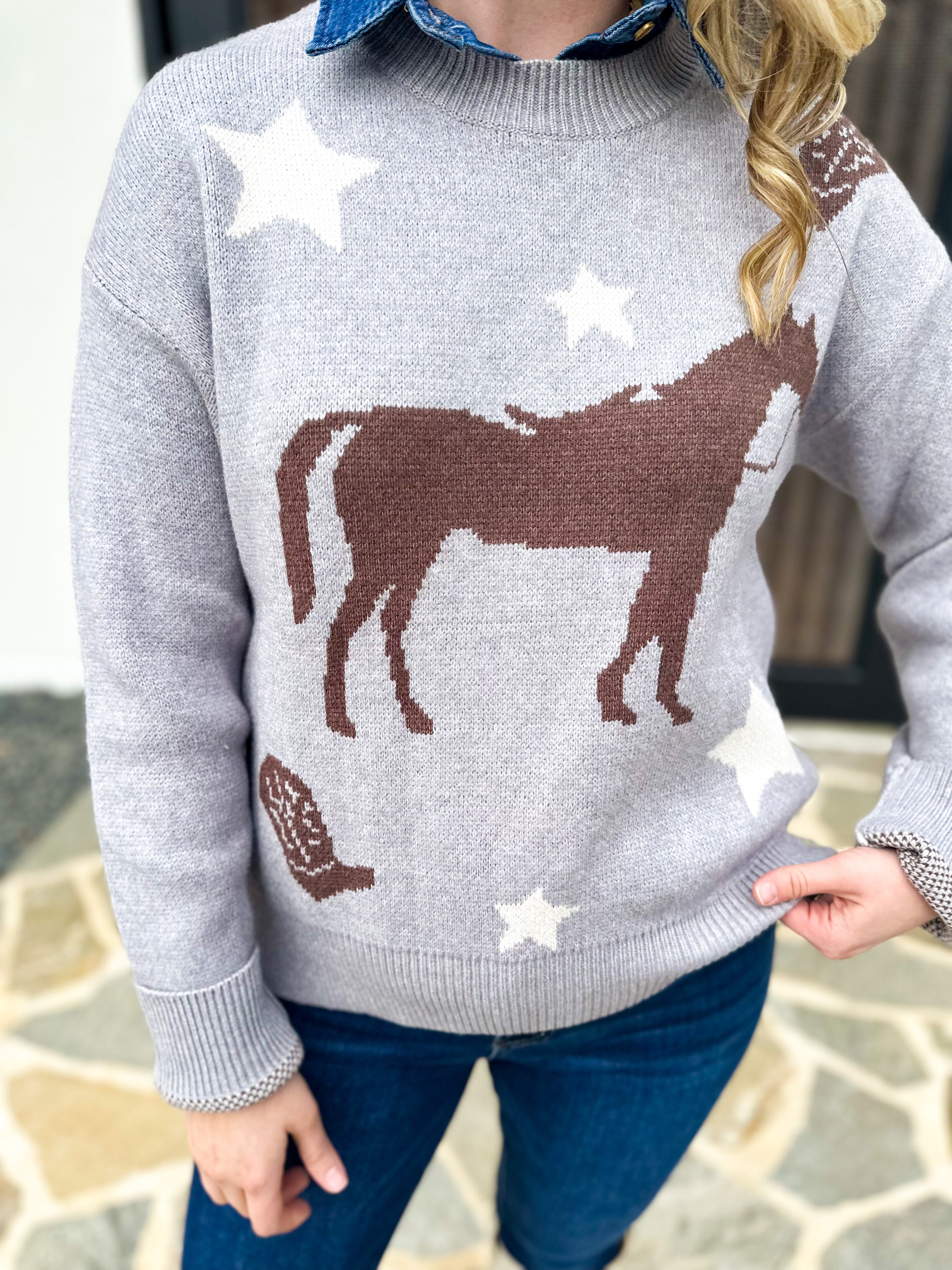 THML - Grey Horse Sweater-230 Sweaters/Cardis-THML-July & June Women's Fashion Boutique Located in San Antonio, Texas