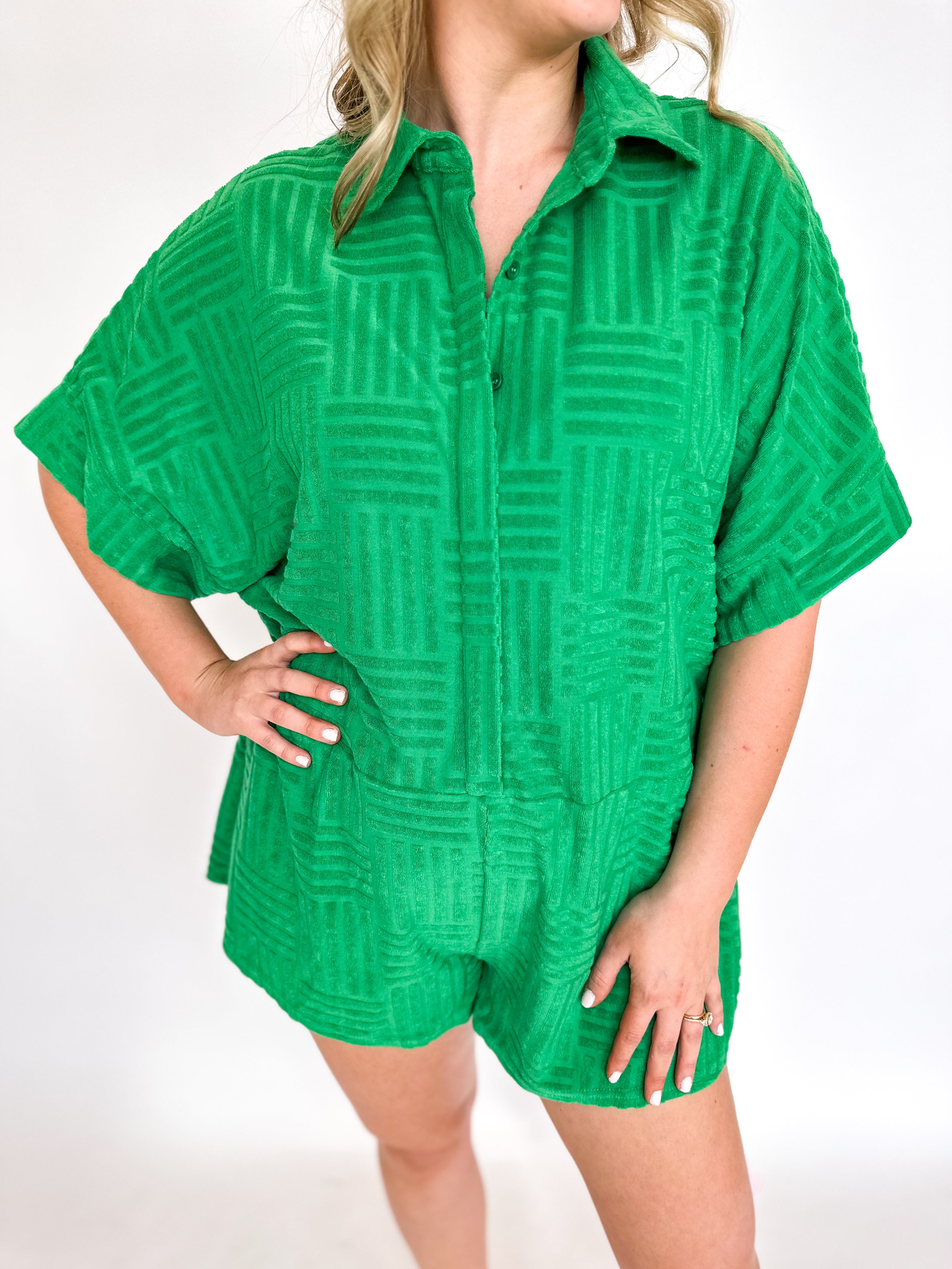 Hamptons Terry Cloth Romper - Kelly Green-510 Mini-ENTRO-July & June Women's Fashion Boutique Located in San Antonio, Texas
