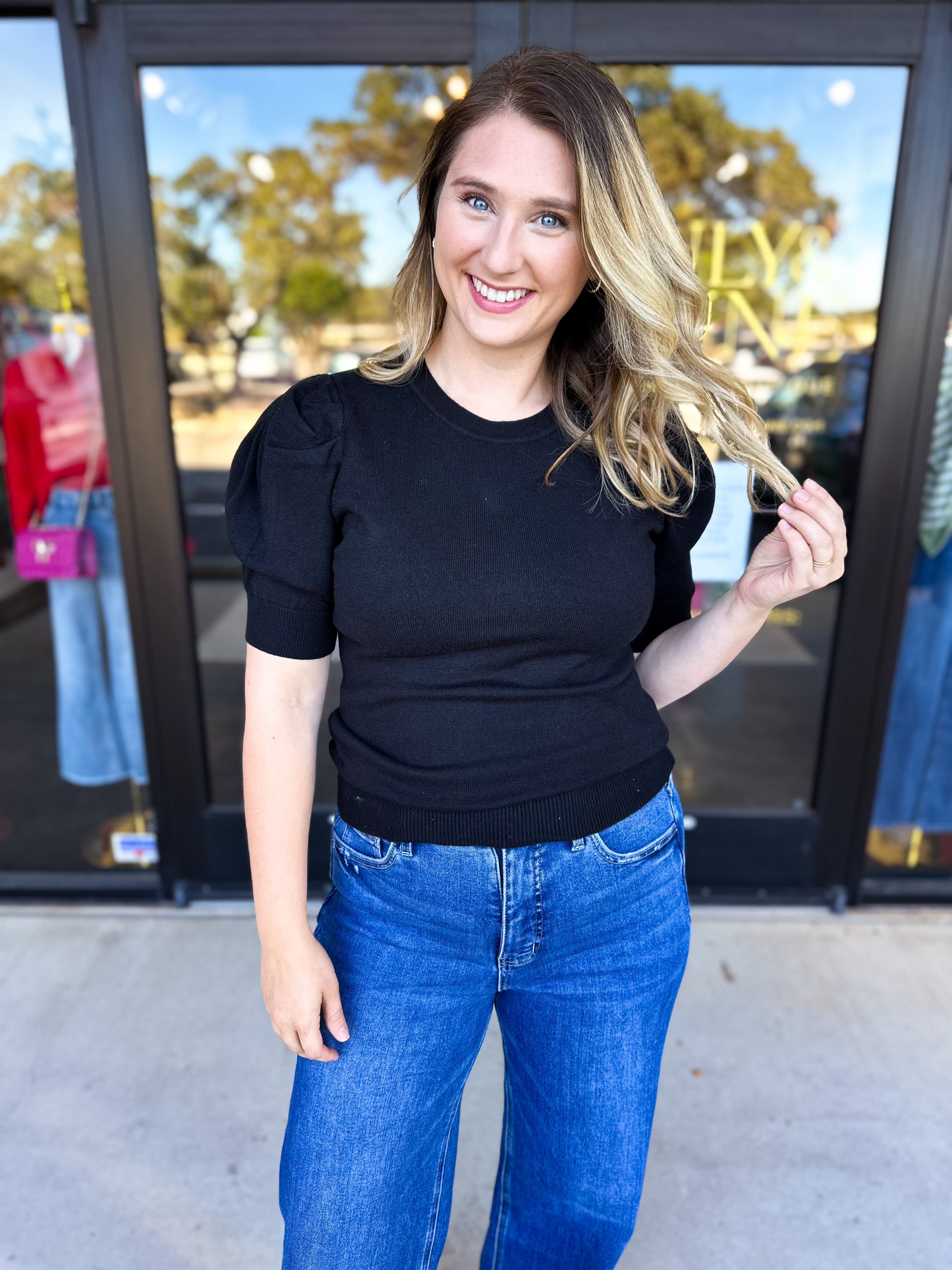 Pink Friday Doorbuster - Chic Short Sleeve Sweater Top - Black - ONLINE-PINK FRIDAY DOORBUSTERS-ZENANA-July & June Women's Fashion Boutique Located in San Antonio, Texas