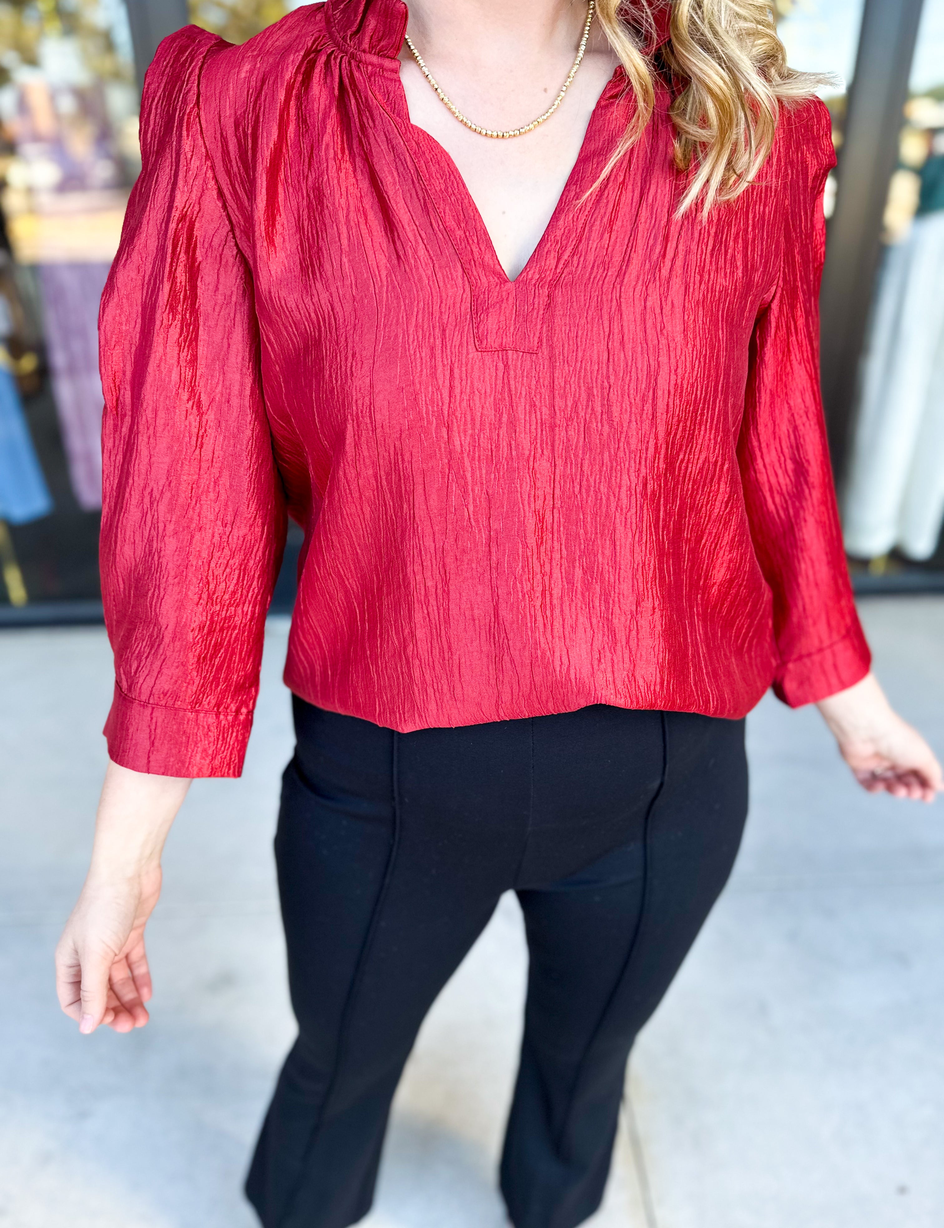THML - Cherry Red Sheen Blouse-200 Fashion Blouses-THML-July & June Women's Fashion Boutique Located in San Antonio, Texas