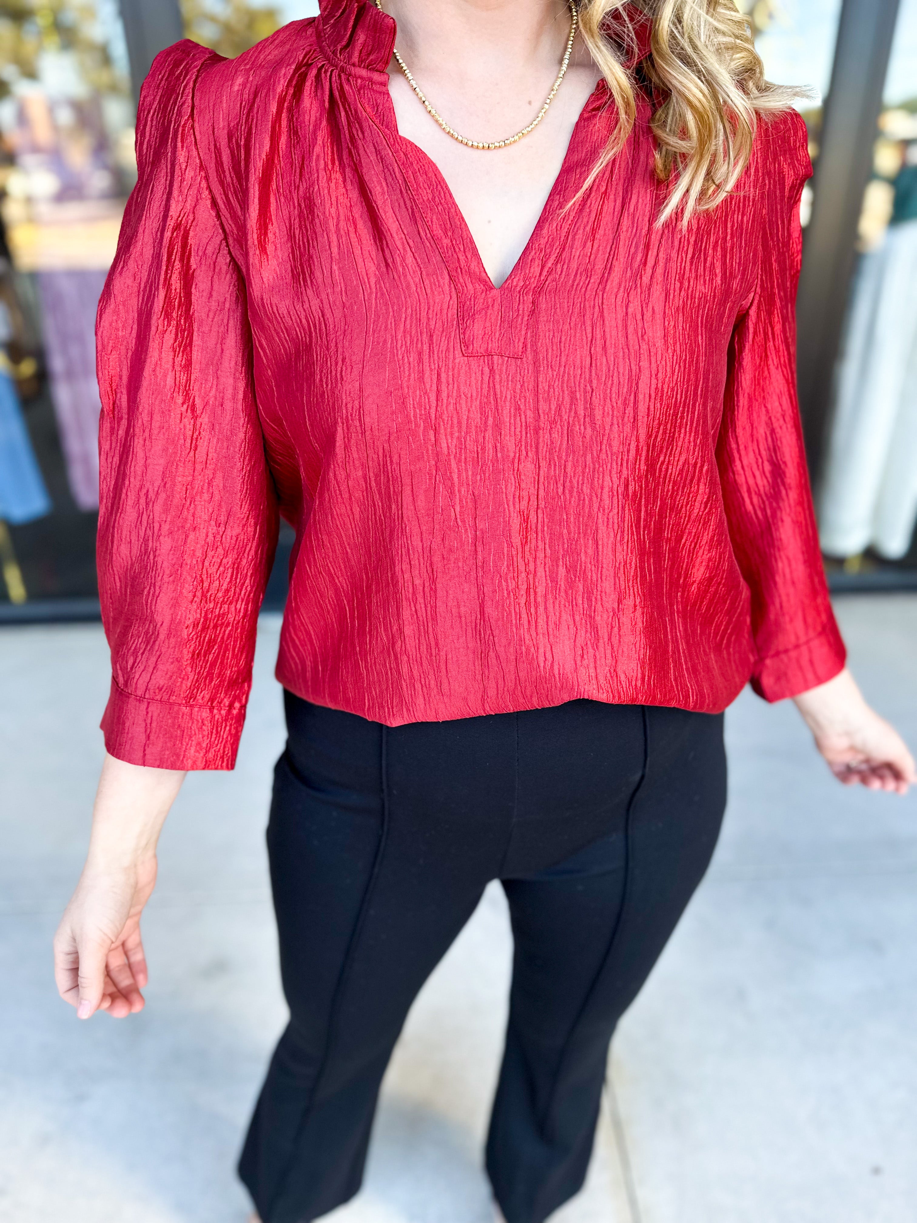 THML - Cherry Red Sheen Blouse-200 Fashion Blouses-THML-July & June Women's Fashion Boutique Located in San Antonio, Texas