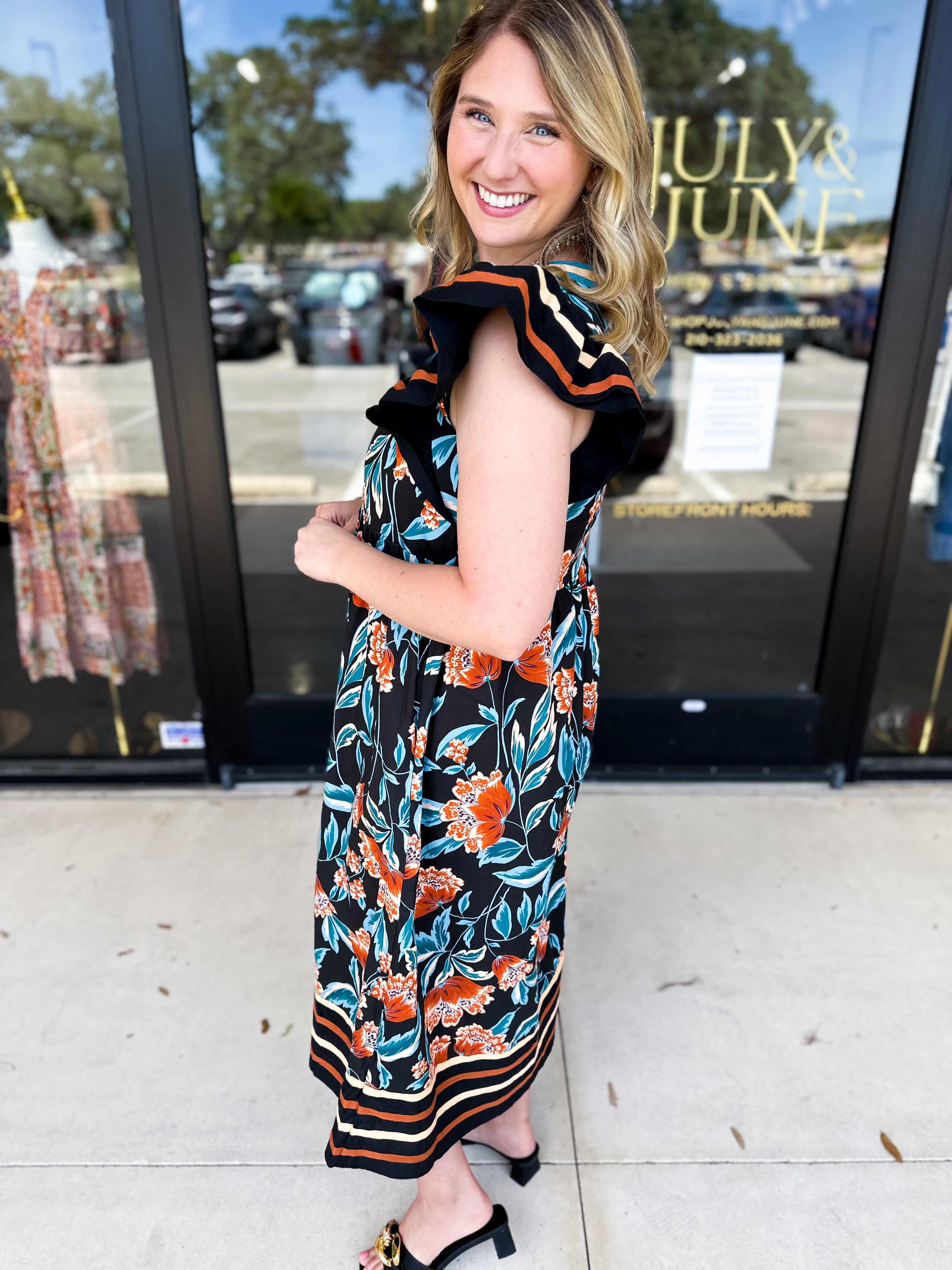 Deep Tones Floral Midi Dress-500 Midi-ENTRO-July & June Women's Fashion Boutique Located in San Antonio, Texas