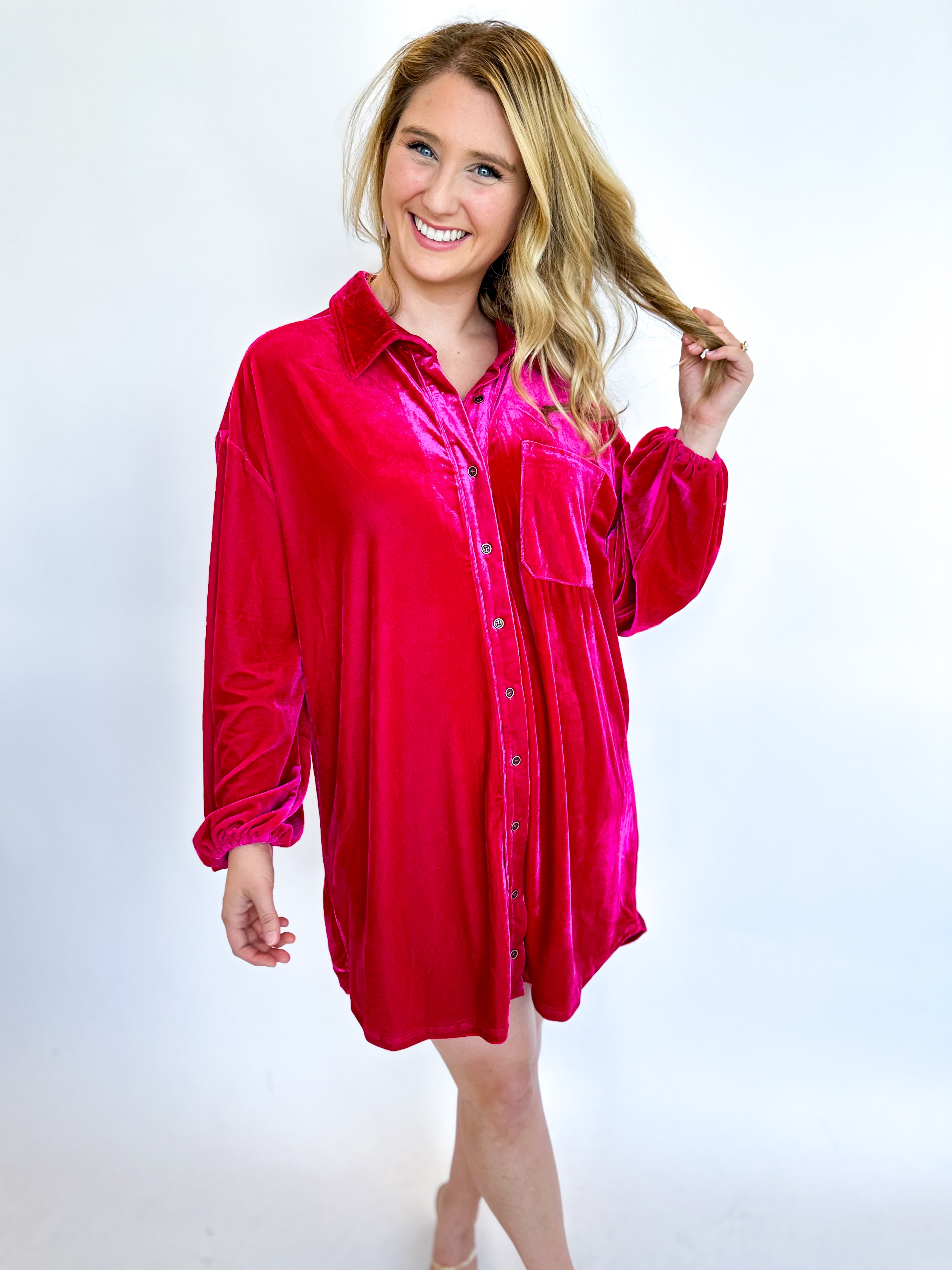 Pink Velvet Button Down Mini Dress-510 Mini-ENTRO-July & June Women's Fashion Boutique Located in San Antonio, Texas