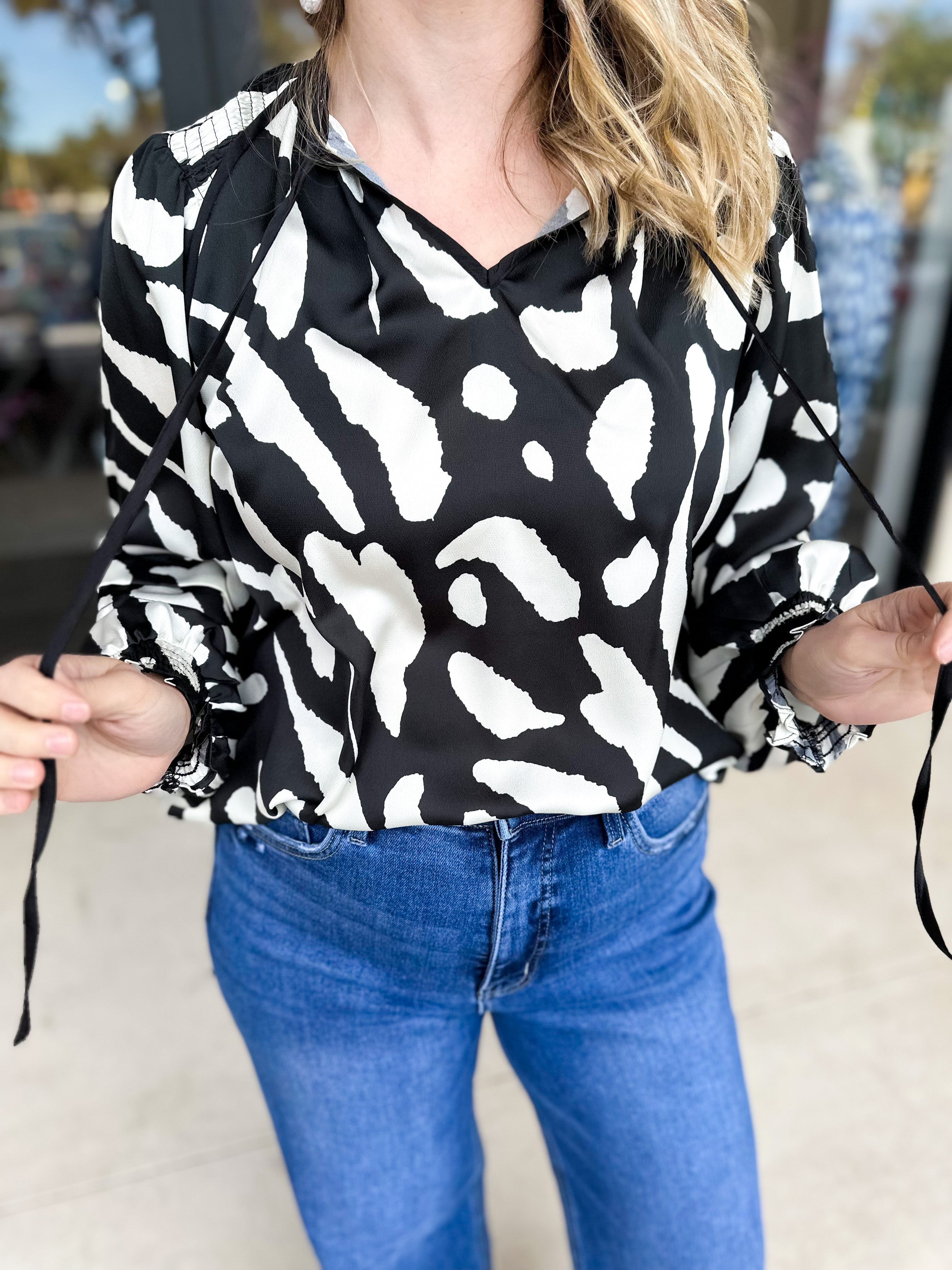 Abstract Black & White Blouse-200 Fashion Blouses-FATE-July & June Women's Fashion Boutique Located in San Antonio, Texas