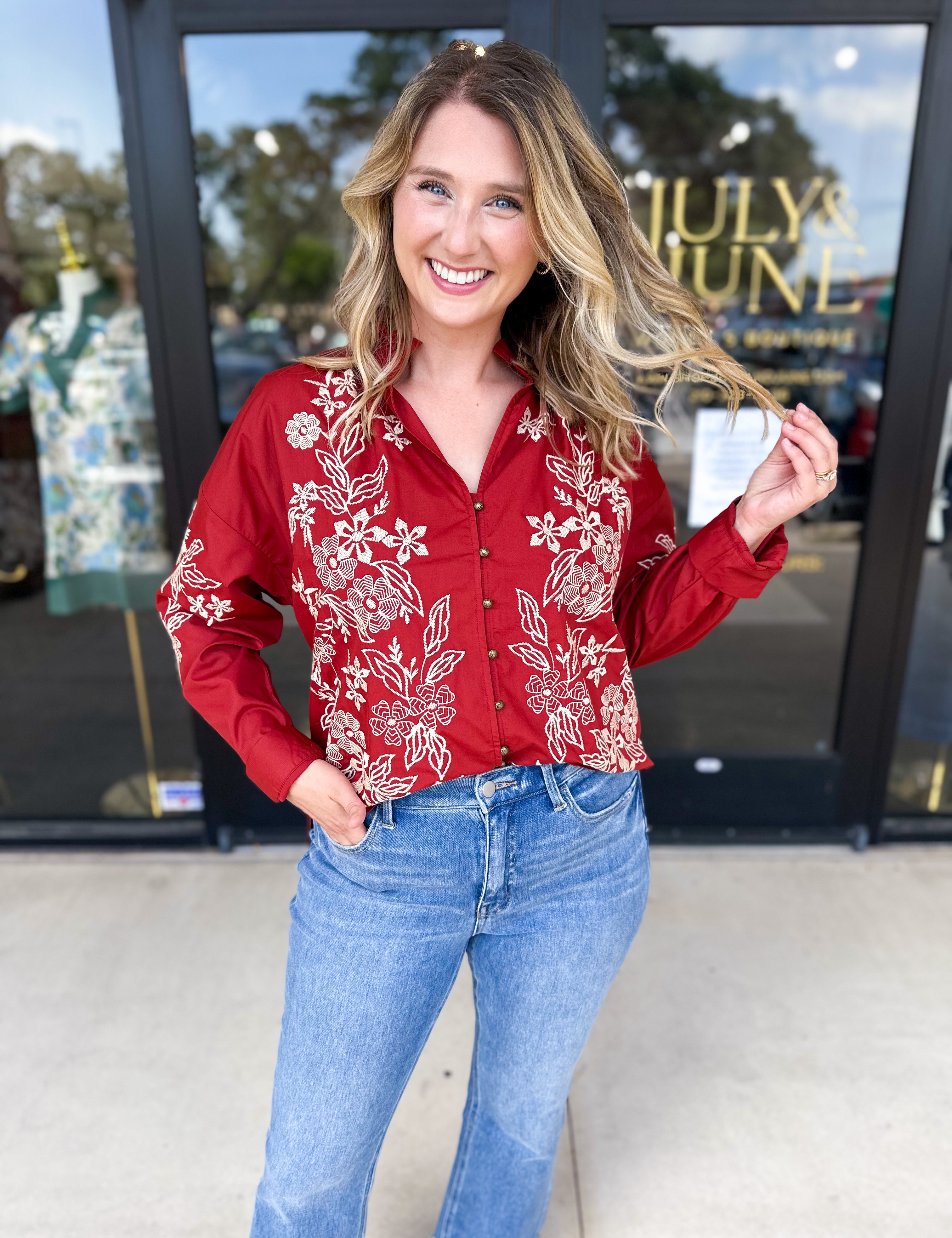 Elara Embroidered Blouse - Rust-200 Fashion Blouses-ENTRO-July & June Women's Fashion Boutique Located in San Antonio, Texas
