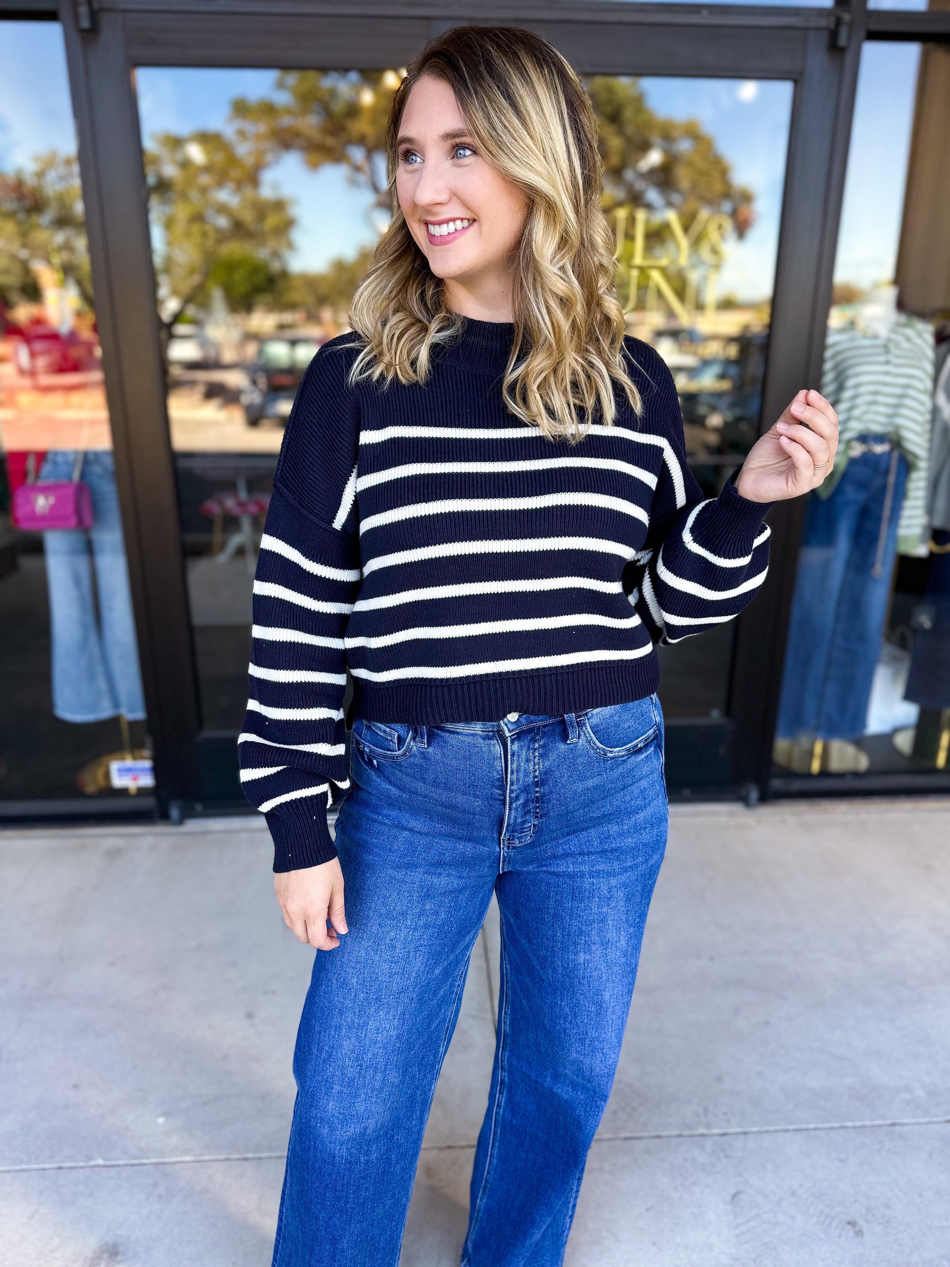 Pink Friday Doorbuster - Mock Neck Sweater Top - Navy - ONLINE-PINK FRIDAY DOORBUSTERS-BLU PEPPER-July & June Women's Fashion Boutique Located in San Antonio, Texas