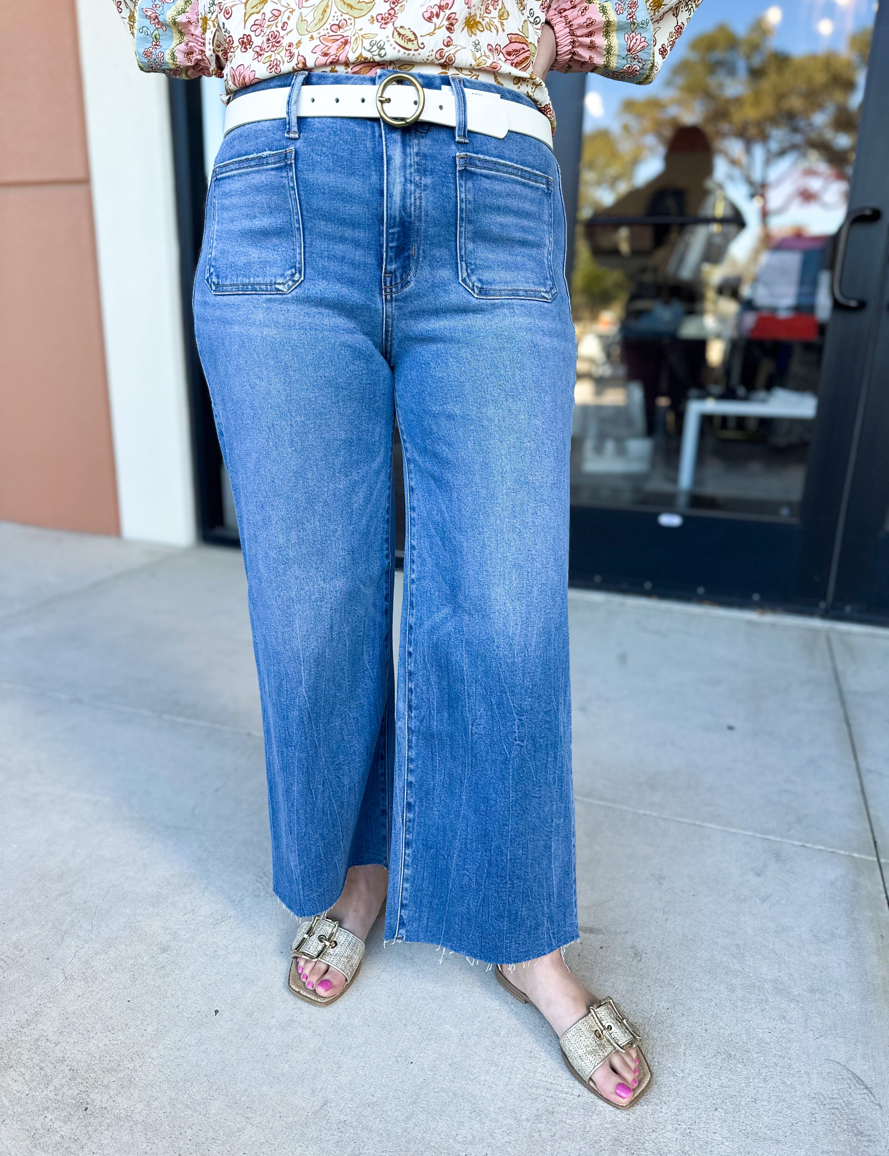 Vervet - Medium Wash High Rise Cropped Wide Leg Jeans-400 Pants-VEVERT BY FLYING MONKEY-July & June Women's Fashion Boutique Located in San Antonio, Texas