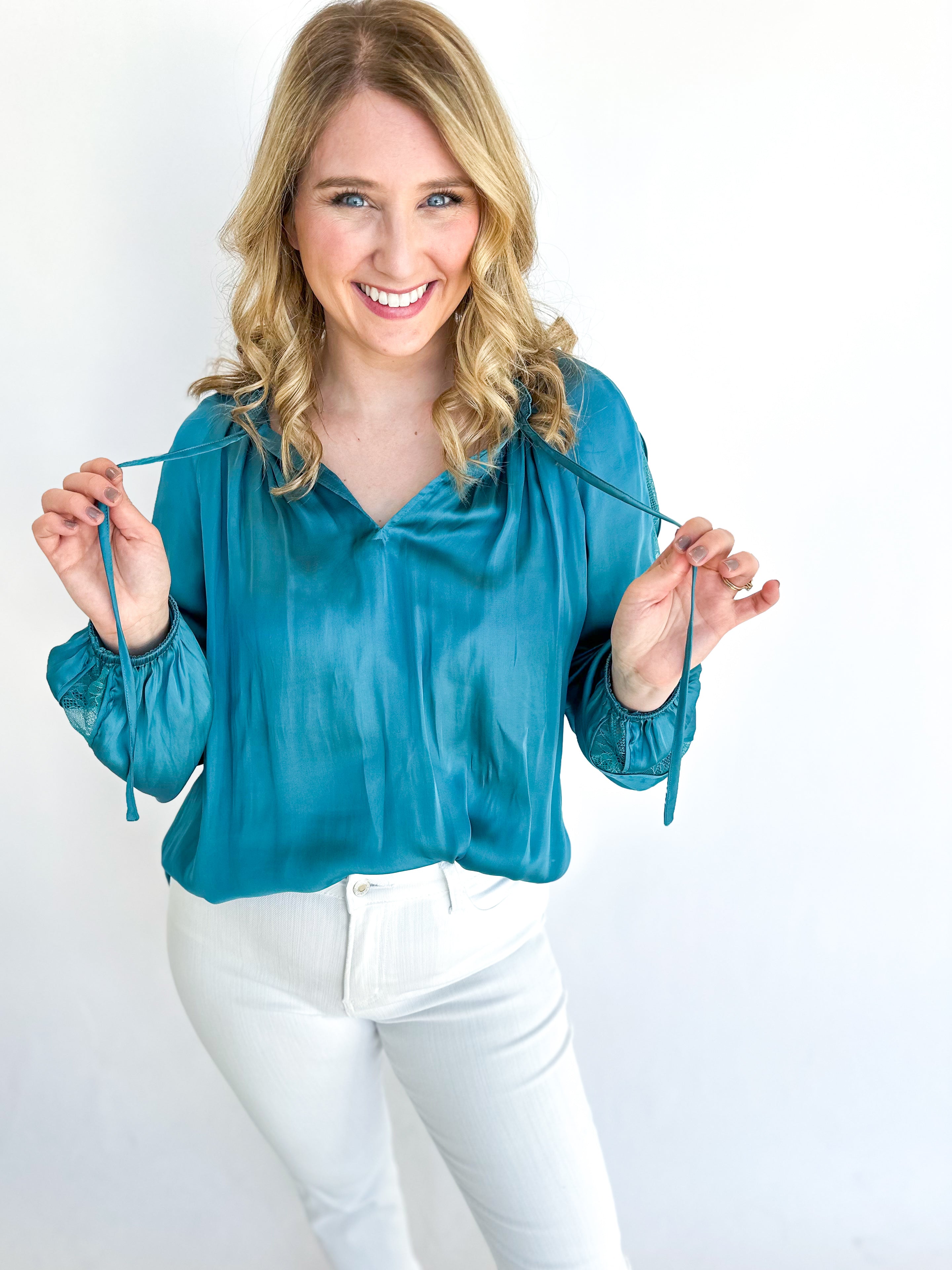 Ice Blue Lace Blouse-200 Fashion Blouses-CURRENT AIR CLOTHING-July & June Women's Fashion Boutique Located in San Antonio, Texas