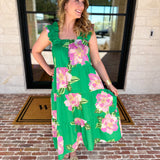 THML - Kelly Green Floral Tiered Midi Dress-500 Midi-THML-July & June Women's Fashion Boutique Located in San Antonio, Texas