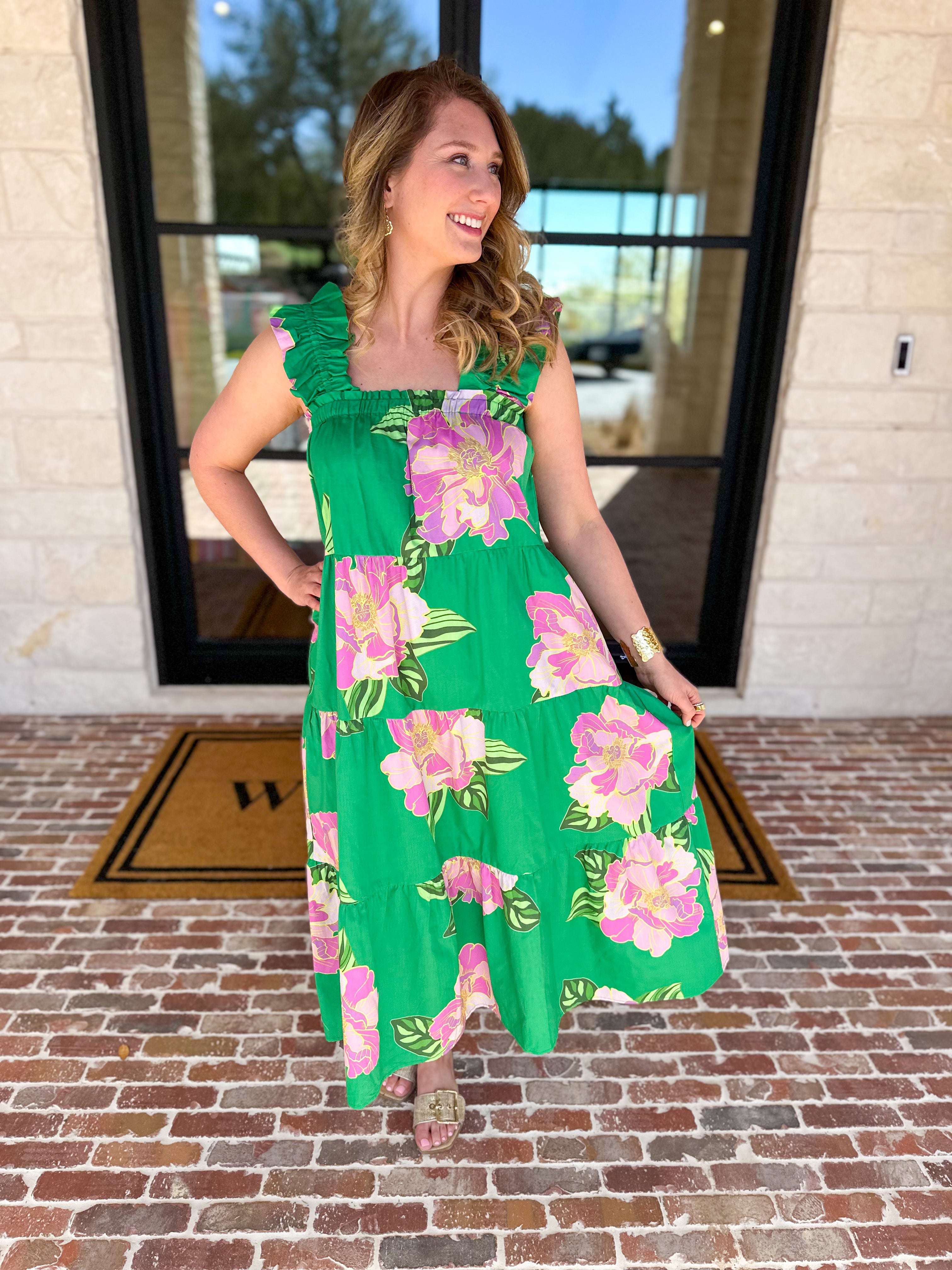 THML - Kelly Green Floral Tiered Midi Dress-500 Midi-THML-July & June Women's Fashion Boutique Located in San Antonio, Texas