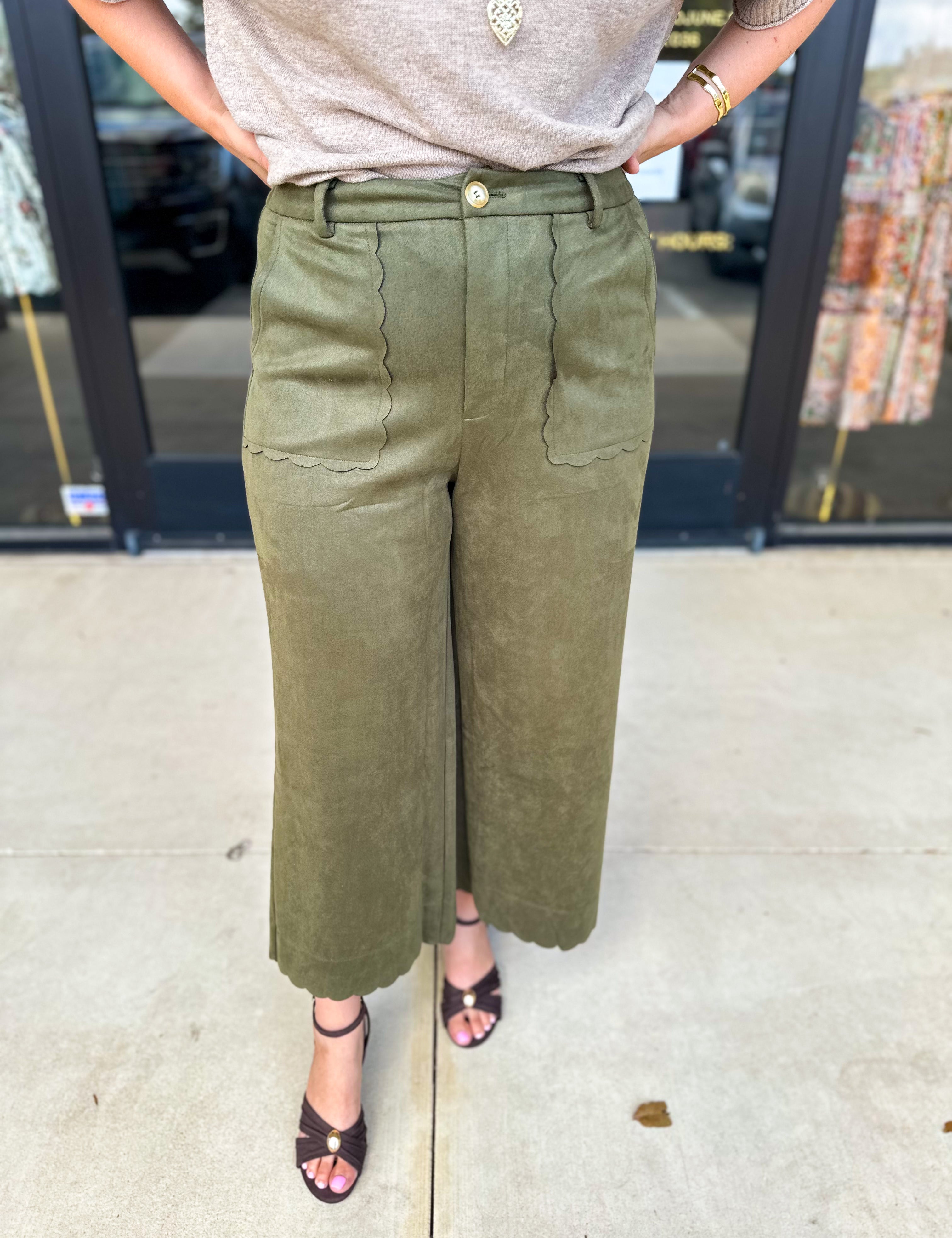 Olive Suede Scalloped Pants-400 Pants-JODIFL-July & June Women's Fashion Boutique Located in San Antonio, Texas