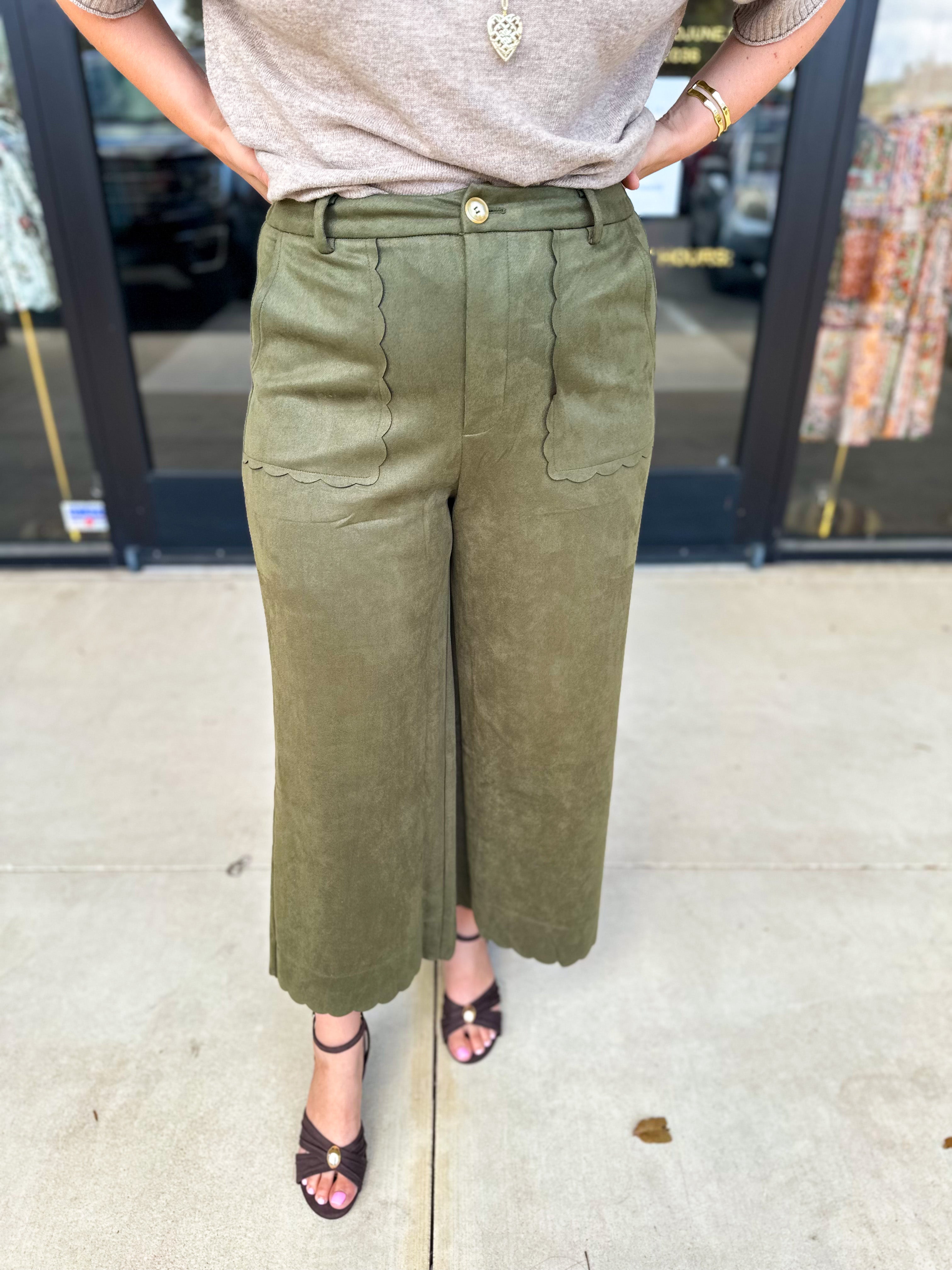 Olive Suede Scalloped Pants-400 Pants-JODIFL-July & June Women's Fashion Boutique Located in San Antonio, Texas
