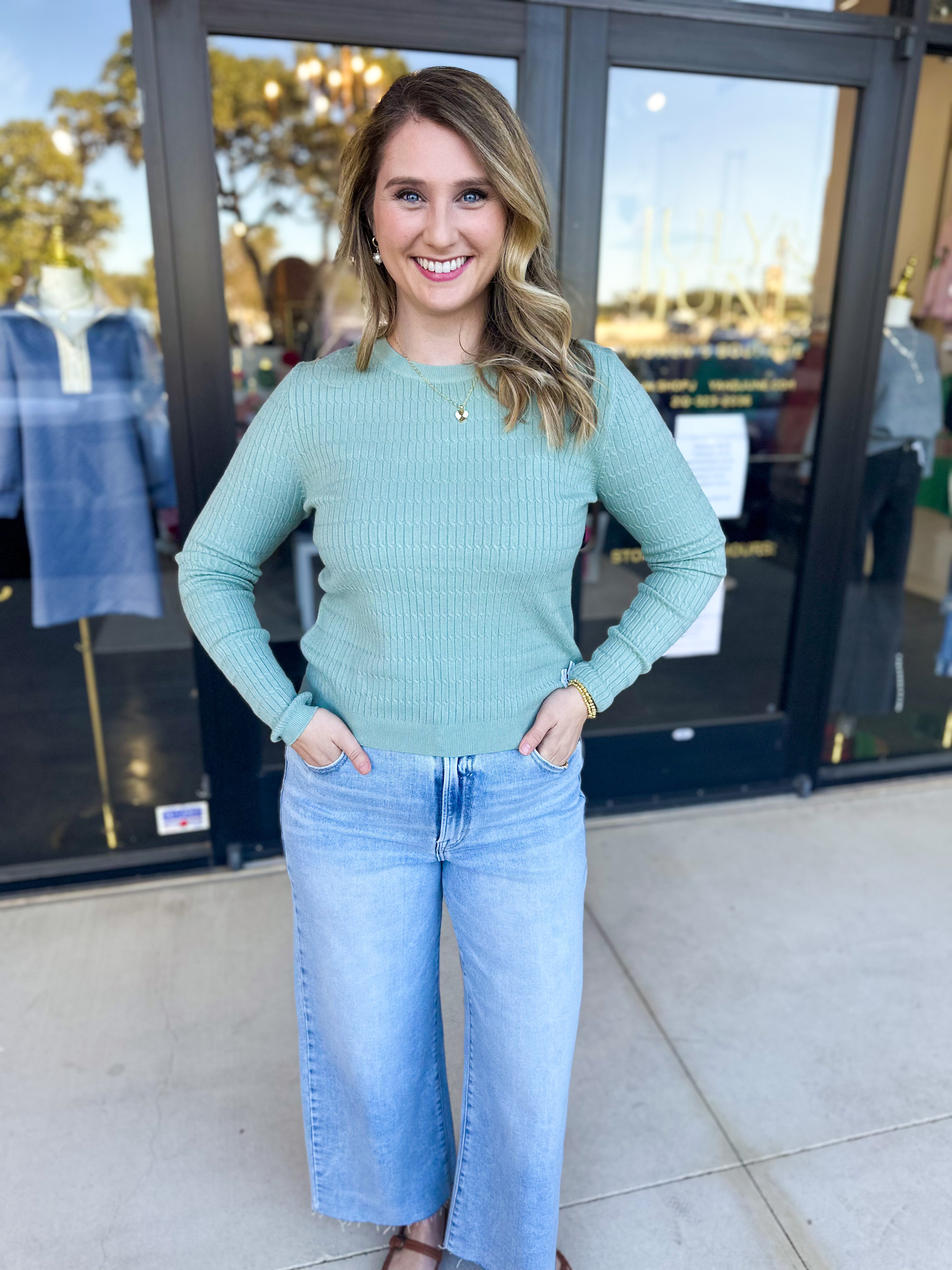 Tailored Cable Knit Sweater Top - Sage-230 Sweaters/Cardis-ALLIE ROSE-July & June Women's Fashion Boutique Located in San Antonio, Texas