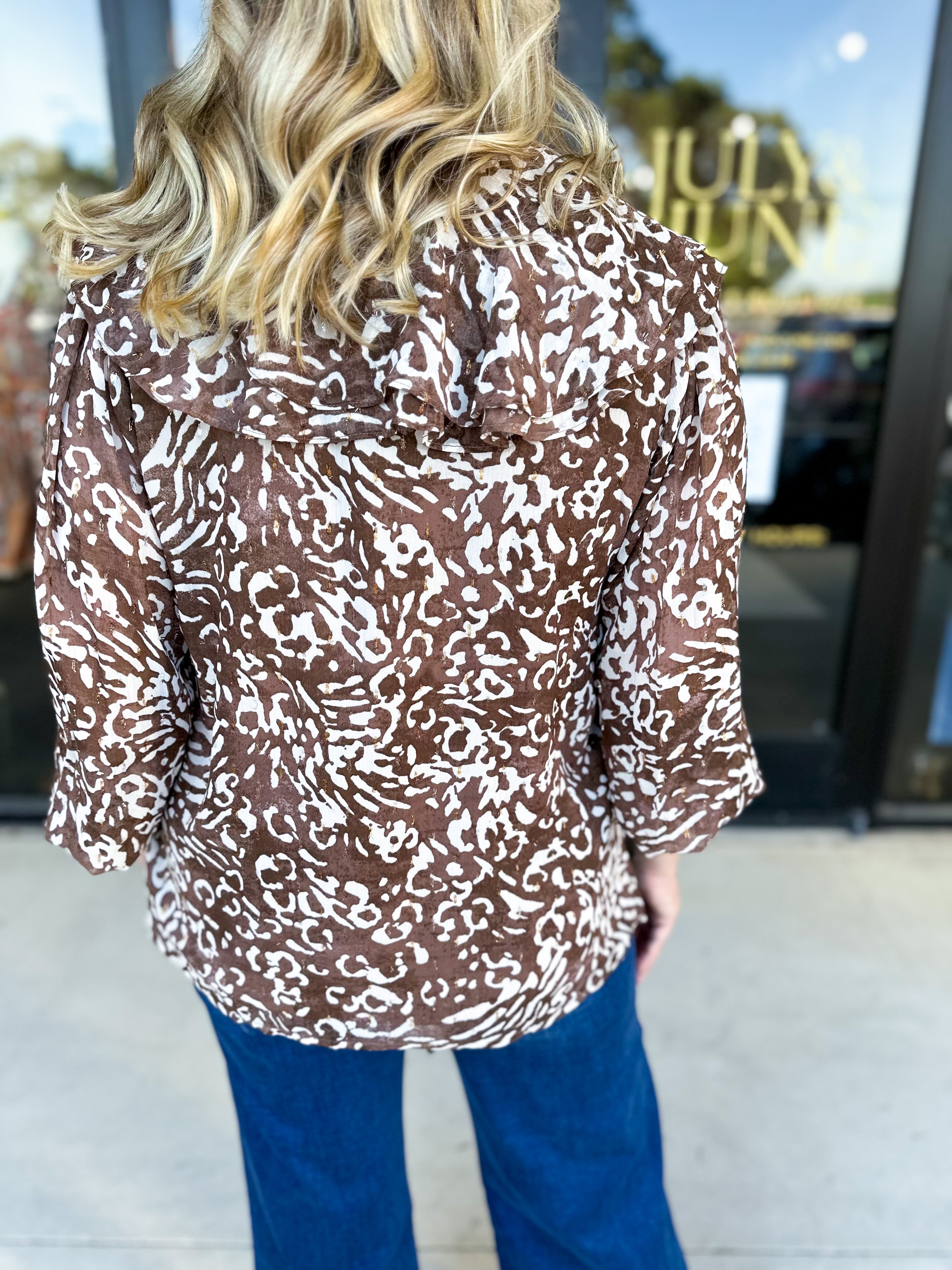 Mocha Cheetah & Ruffle Blouse-200 Fashion Blouses-FATE-July & June Women's Fashion Boutique Located in San Antonio, Texas