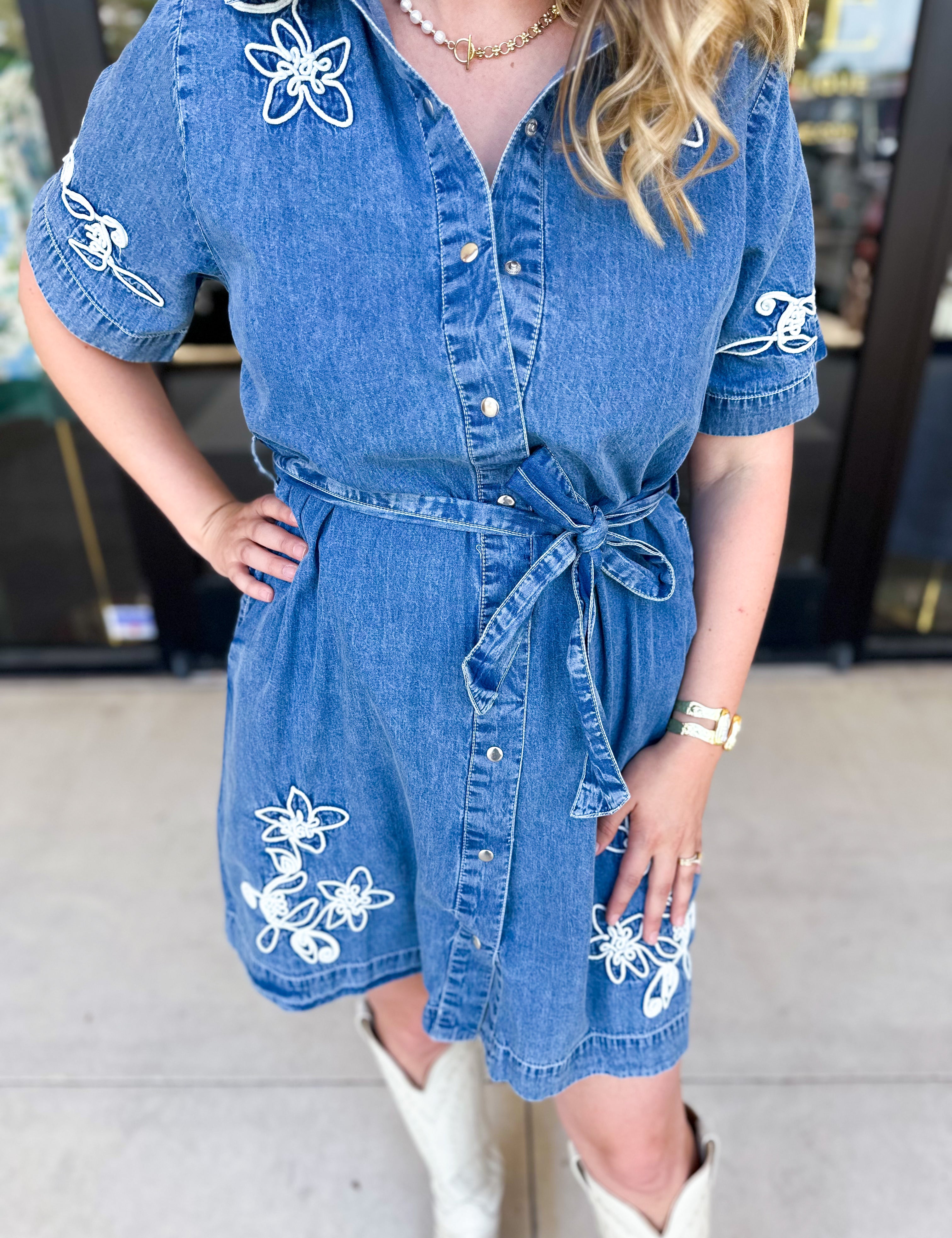 THML - Taylor Floral Chambray Mini Dress-510 Mini-THML-July & June Women's Fashion Boutique Located in San Antonio, Texas
