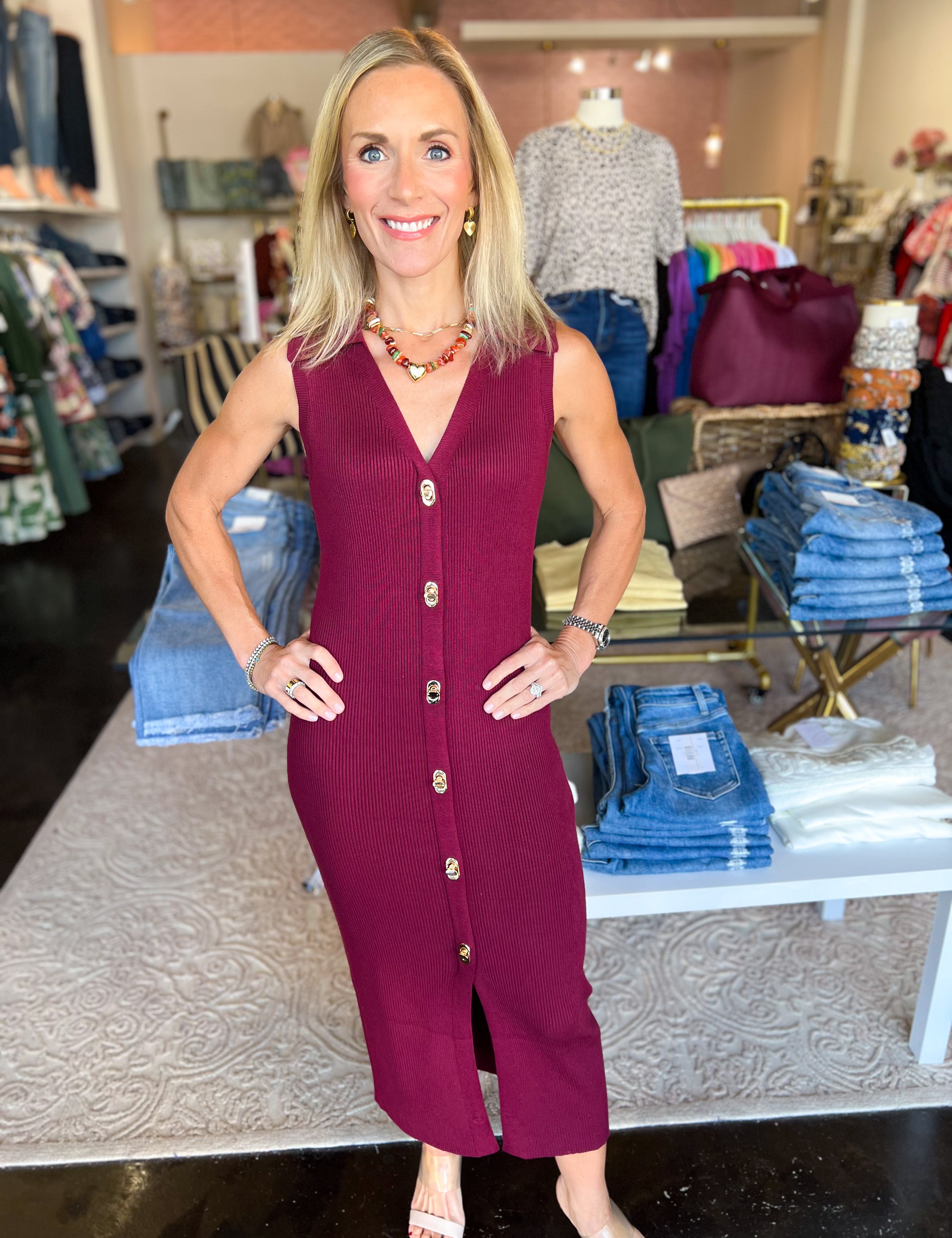 The Krissy Midi Dress - Burgundy-500 Midi-SKIES ARE BLUE-July & June Women's Fashion Boutique Located in San Antonio, Texas