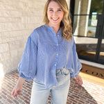 Pinstripe Bubble Sleeve Blouse - Baby Blue-200 Fashion Blouses-FATE-July & June Women's Fashion Boutique Located in San Antonio, Texas