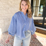 Pinstripe Bubble Sleeve Blouse - Baby Blue-200 Fashion Blouses-FATE-July & June Women's Fashion Boutique Located in San Antonio, Texas
