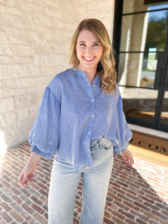 Pinstripe Bubble Sleeve Blouse - Baby Blue-200 Fashion Blouses-FATE-July & June Women's Fashion Boutique Located in San Antonio, Texas