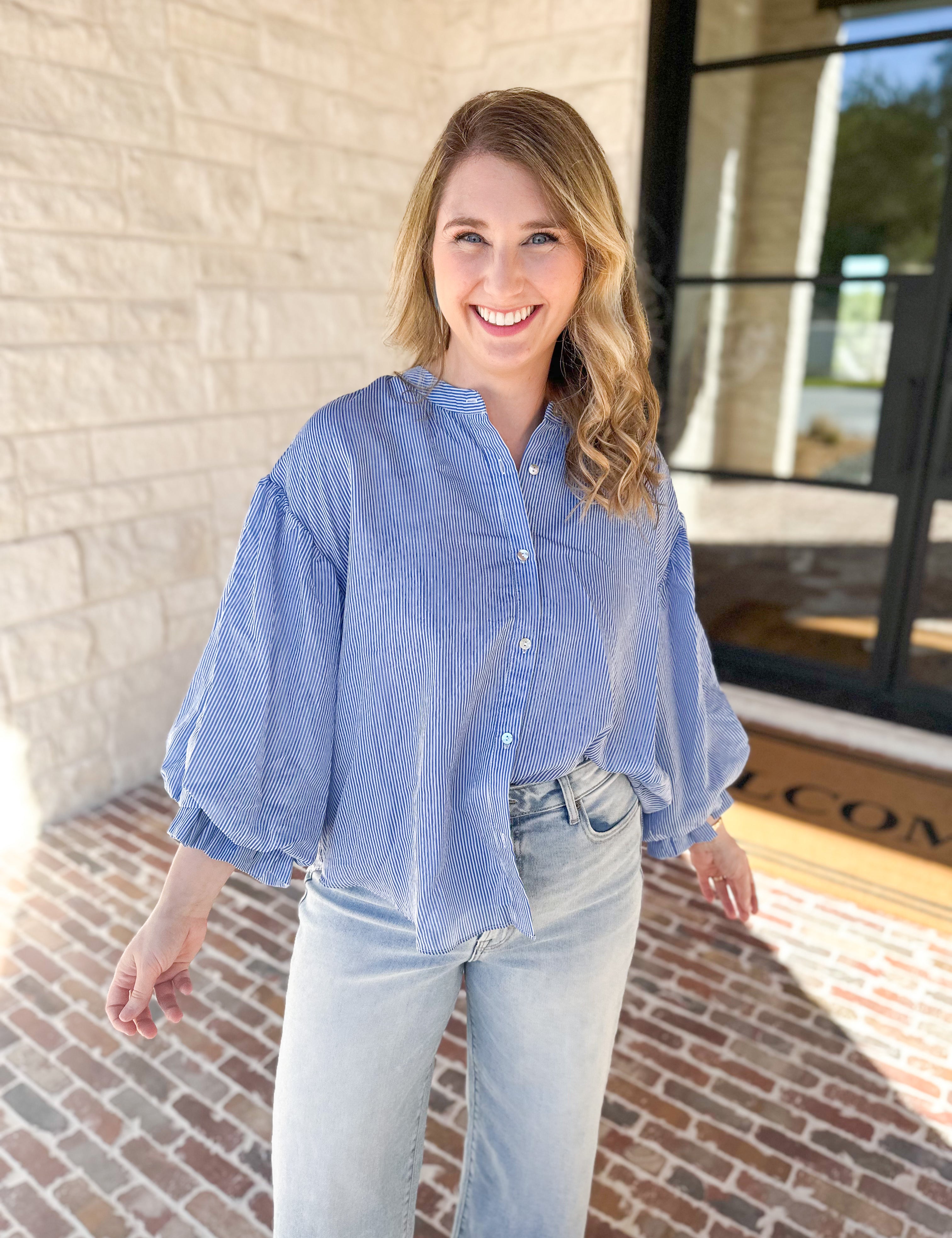 Pinstripe Bubble Sleeve Blouse - Baby Blue-200 Fashion Blouses-FATE-July & June Women's Fashion Boutique Located in San Antonio, Texas