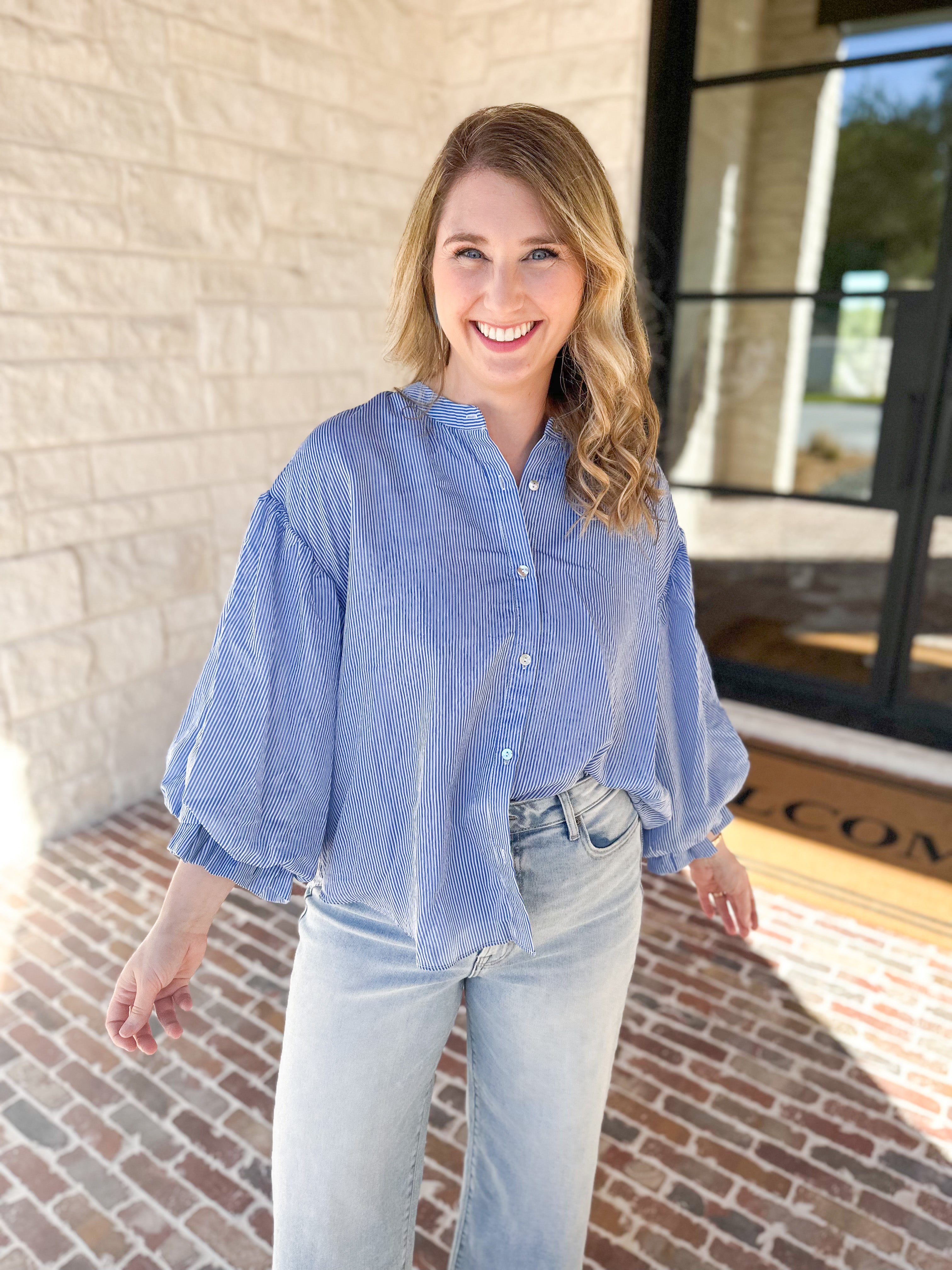 Pinstripe Bubble Sleeve Blouse - Baby Blue-200 Fashion Blouses-FATE-July & June Women's Fashion Boutique Located in San Antonio, Texas