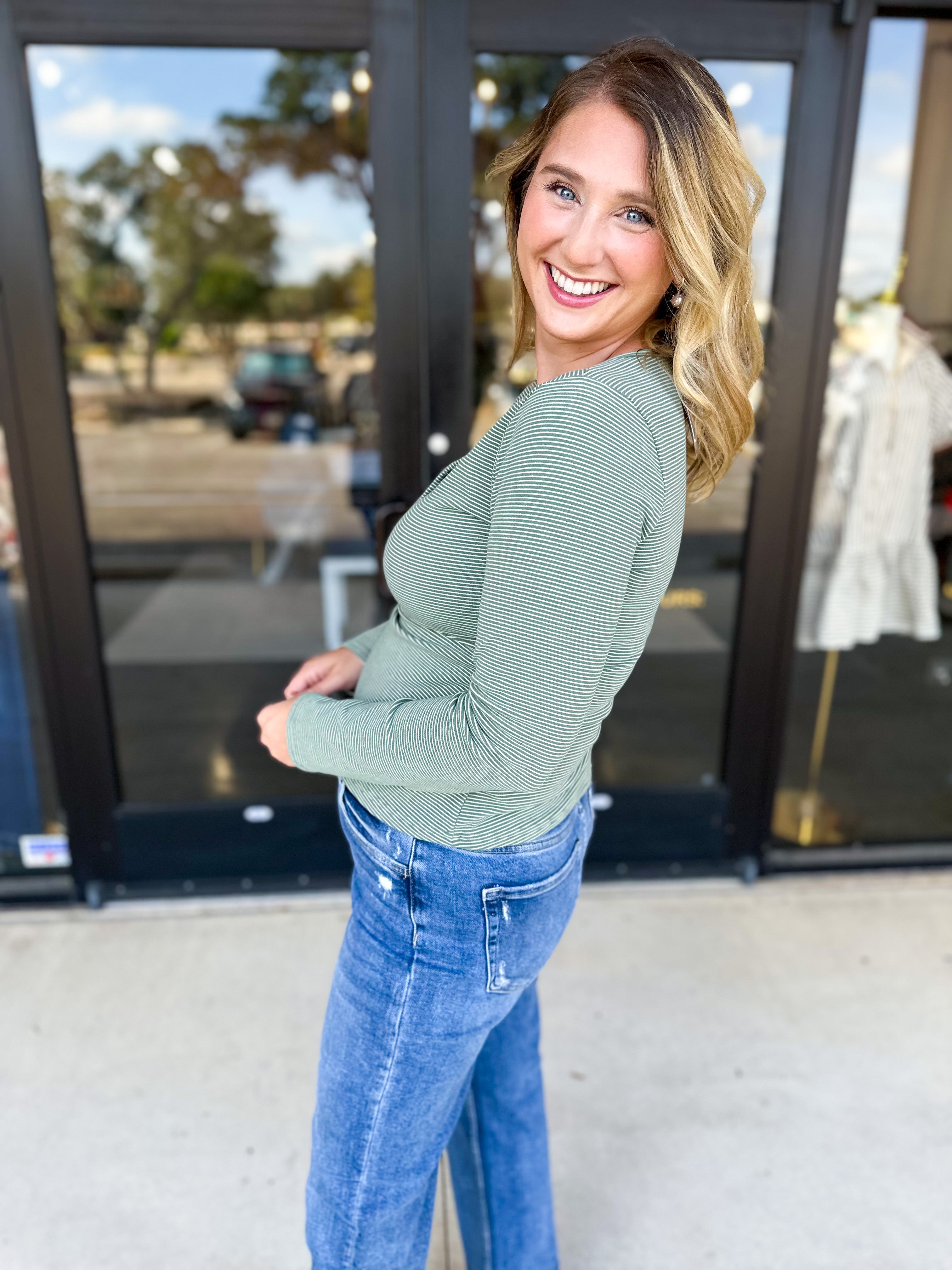 Henley Long Sleeve Basic Top - Olive-210 Casual Blouses-POLOGRAM-July & June Women's Fashion Boutique Located in San Antonio, Texas