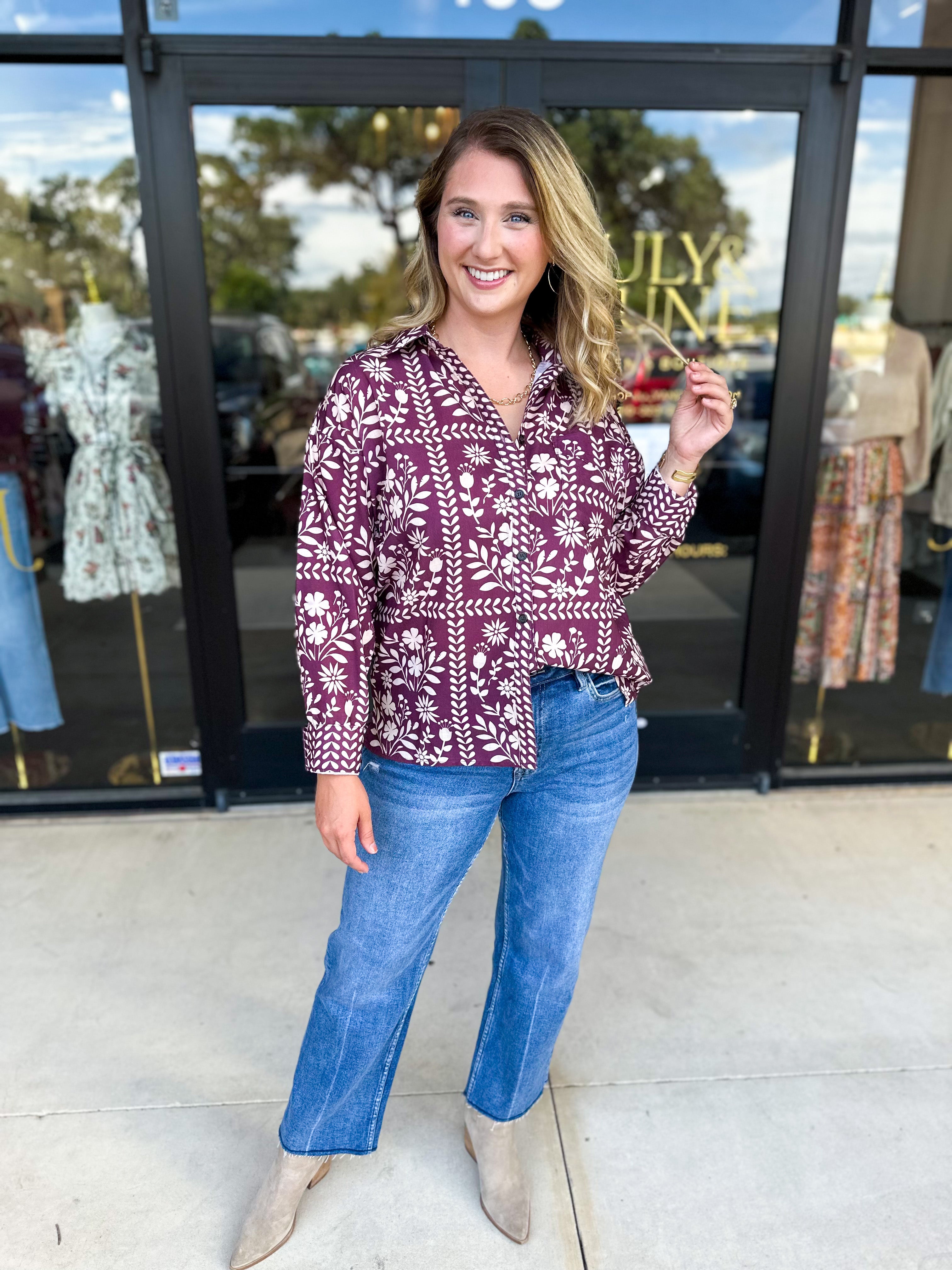 The Wrenlee Blouse - Wine-200 Fashion Blouses-POLOGRAM-July & June Women's Fashion Boutique Located in San Antonio, Texas