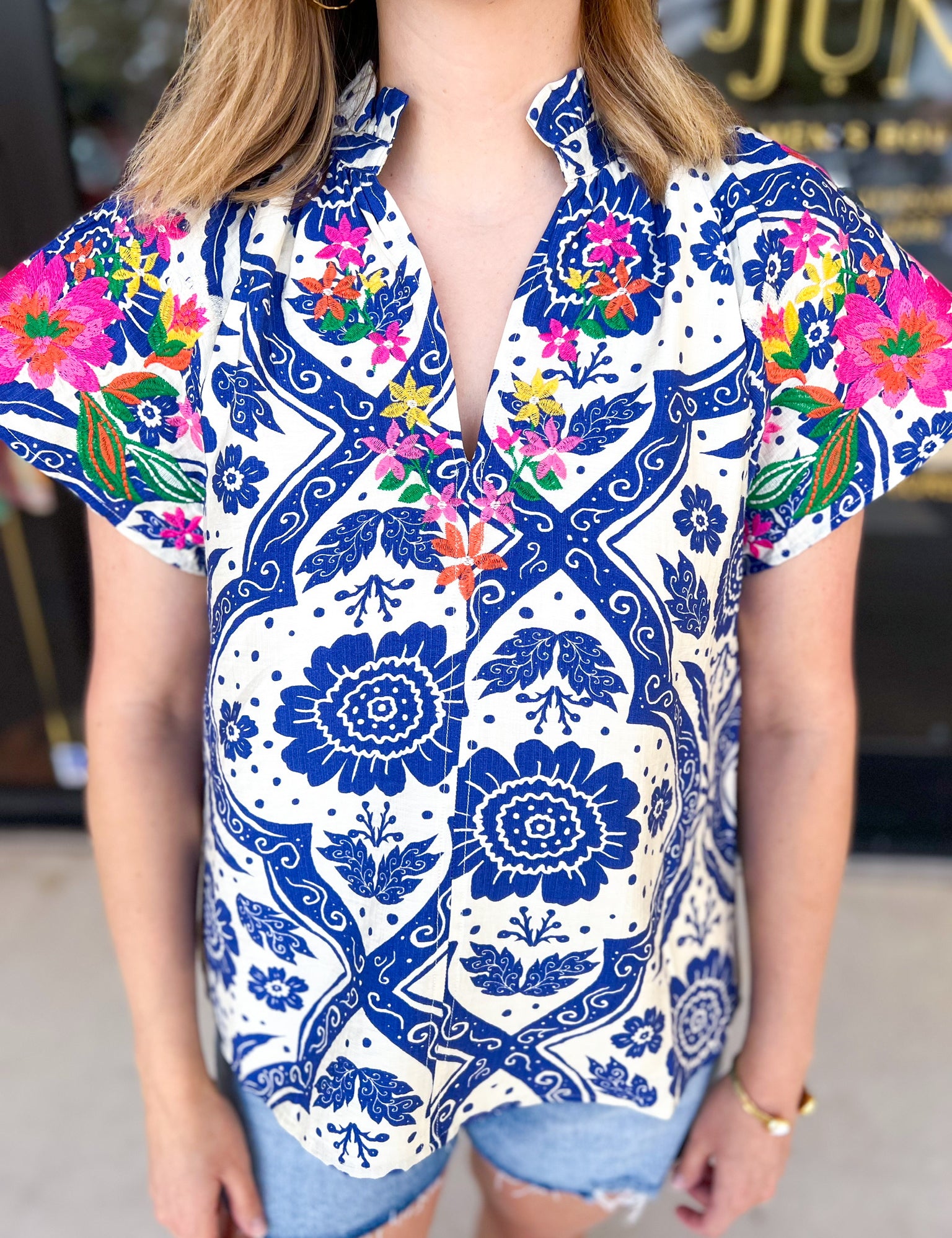 THML - Bold Blue Embroidered Blouse-200 Fashion Blouses-THML-July & June Women's Fashion Boutique Located in San Antonio, Texas