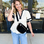 Ecru & Black Embroidered Blouse-200 Fashion Blouses-ENTRO-July & June Women's Fashion Boutique Located in San Antonio, Texas