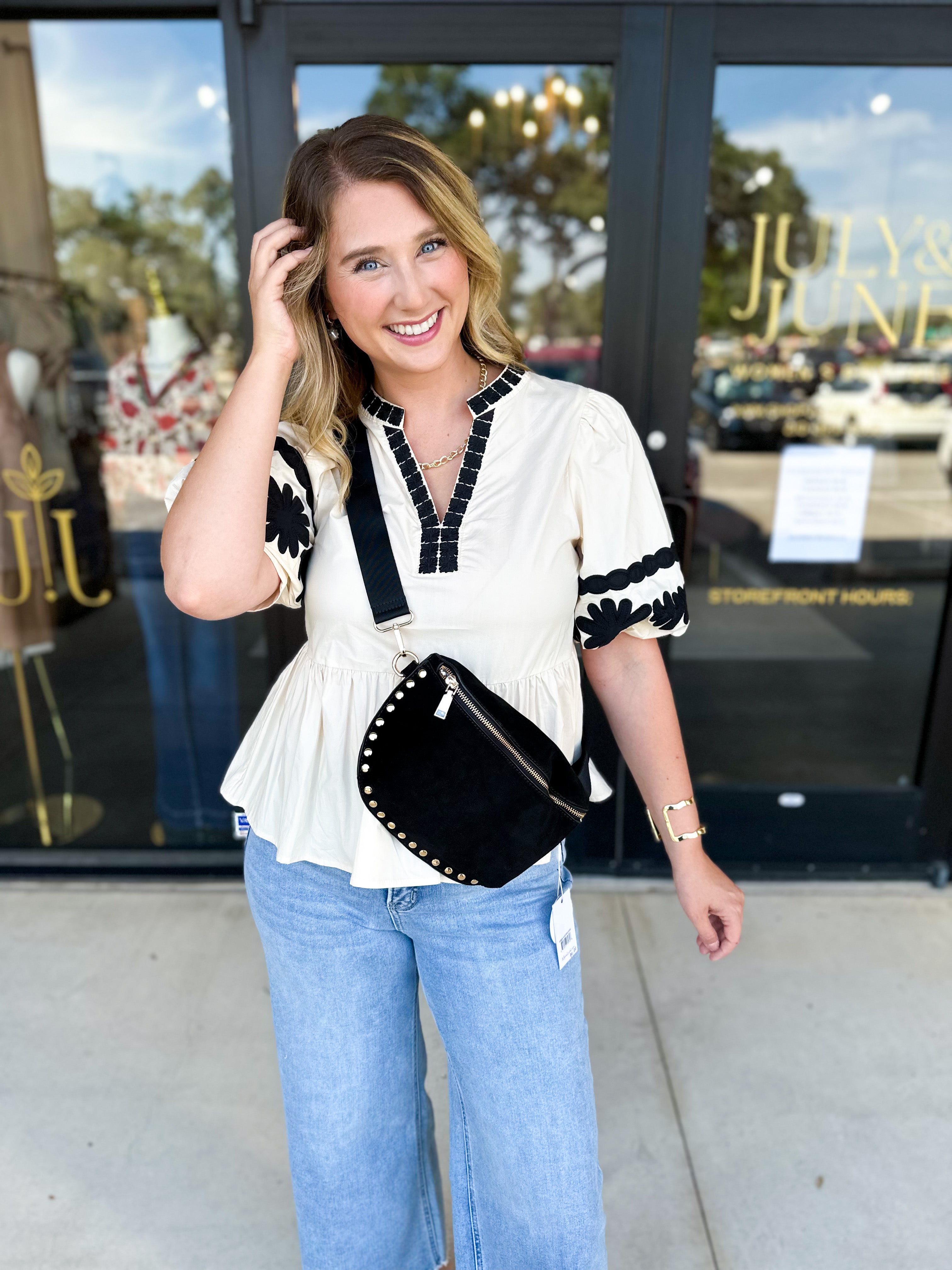 Ecru & Black Embroidered Blouse-200 Fashion Blouses-ENTRO-July & June Women's Fashion Boutique Located in San Antonio, Texas