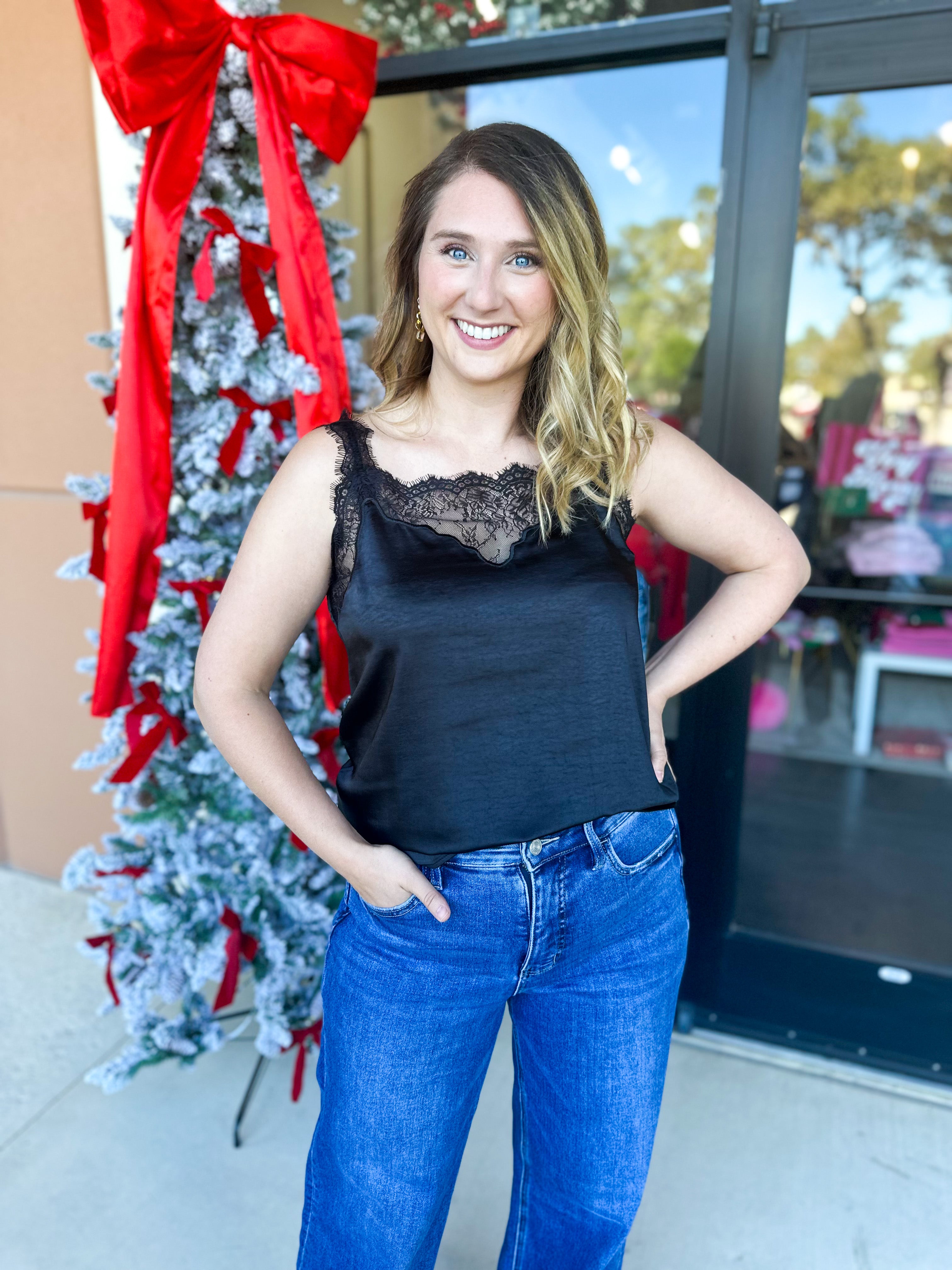 Satin Chic Cami - Black-200 Fashion Blouses-SKIES ARE BLUE-July & June Women's Fashion Boutique Located in San Antonio, Texas