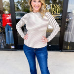 Stripe Mock Neck Long Sleeve - Mocha-210 Casual Blouses-POLOGRAM-July & June Women's Fashion Boutique Located in San Antonio, Texas