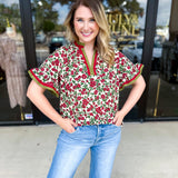 Burgundy & Olive Floral Blouse-200 Fashion Blouses-ENTRO-July & June Women's Fashion Boutique Located in San Antonio, Texas