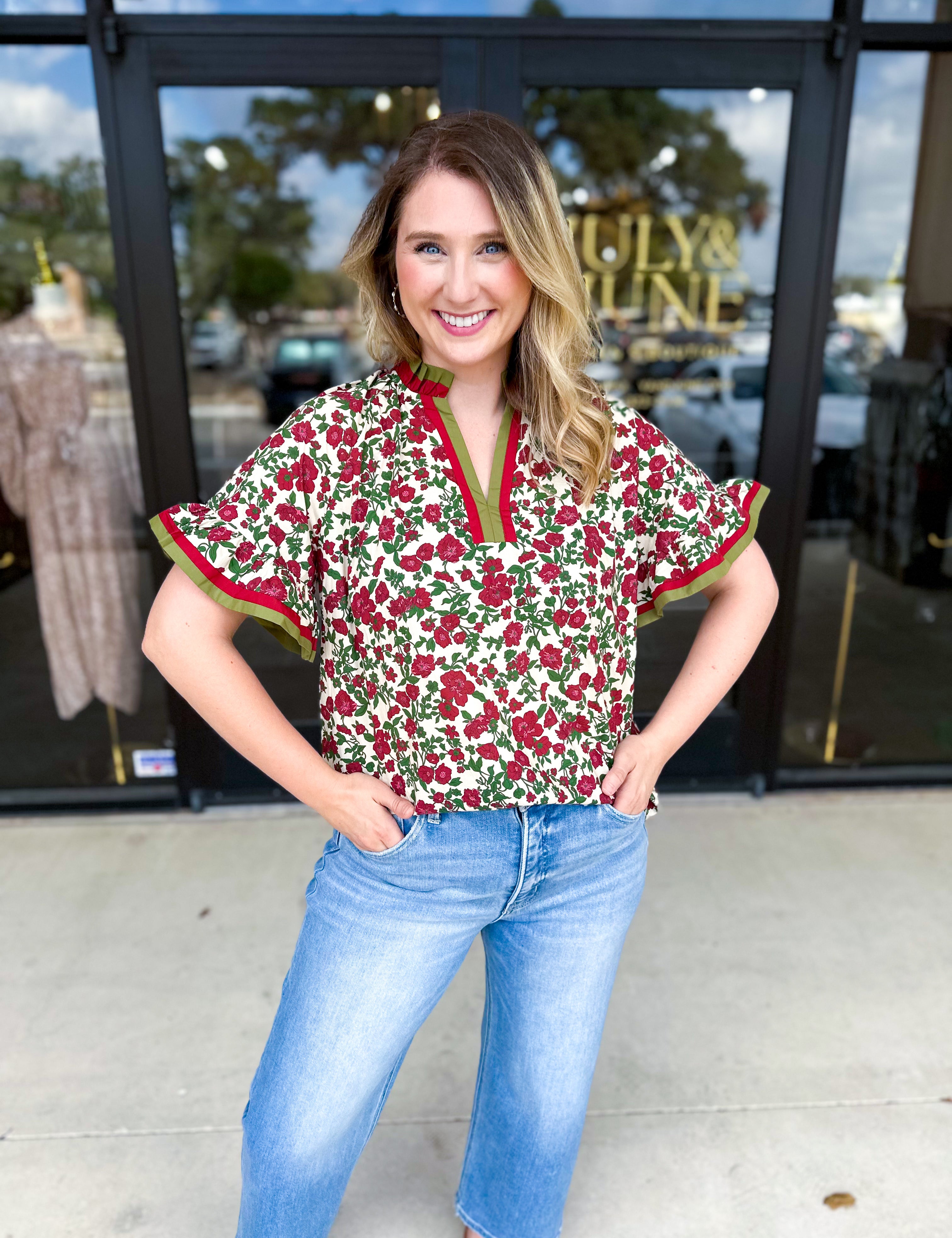 Burgundy & Olive Floral Blouse-200 Fashion Blouses-ENTRO-July & June Women's Fashion Boutique Located in San Antonio, Texas