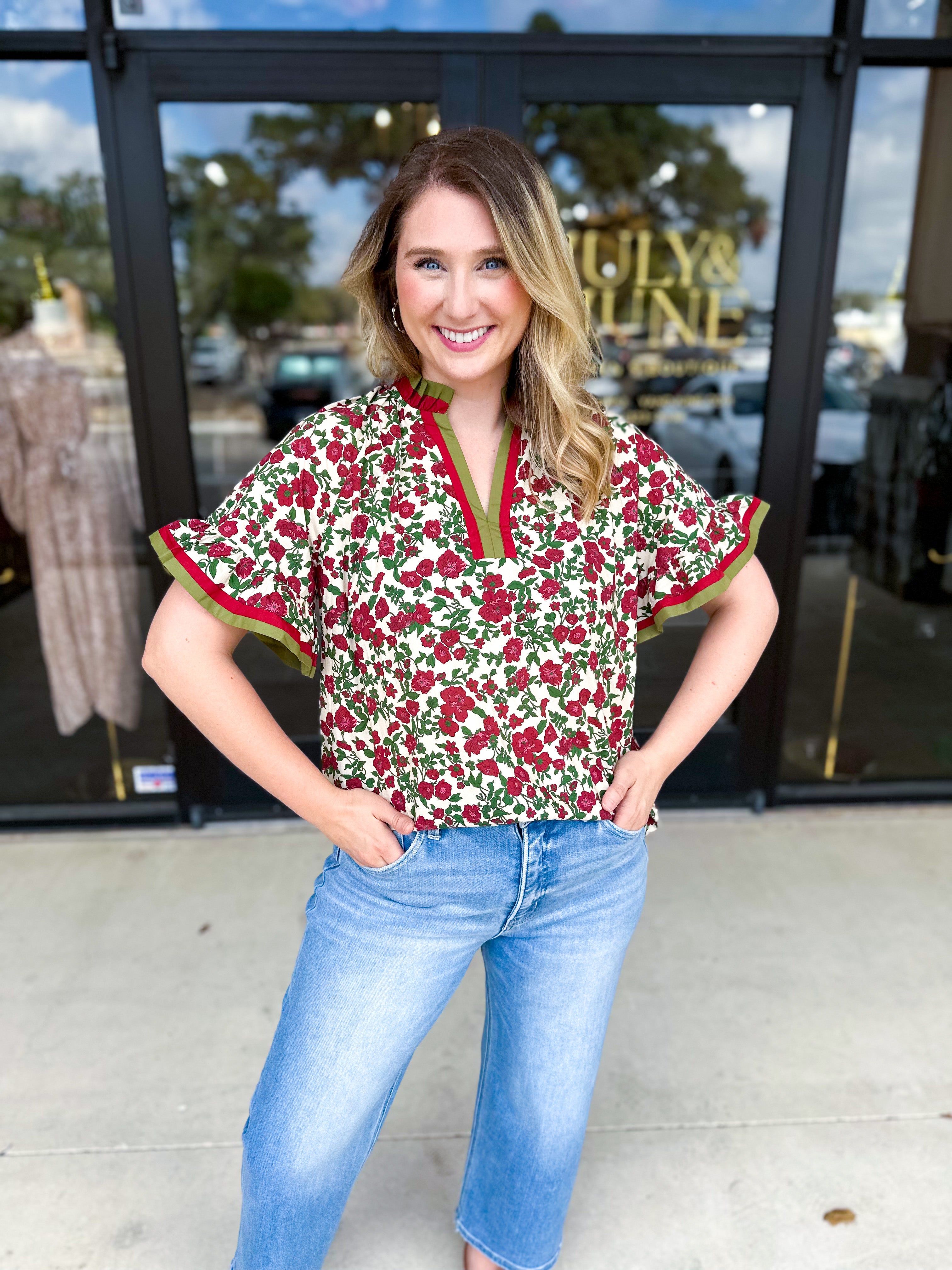 Burgundy & Olive Floral Blouse-200 Fashion Blouses-ENTRO-July & June Women's Fashion Boutique Located in San Antonio, Texas