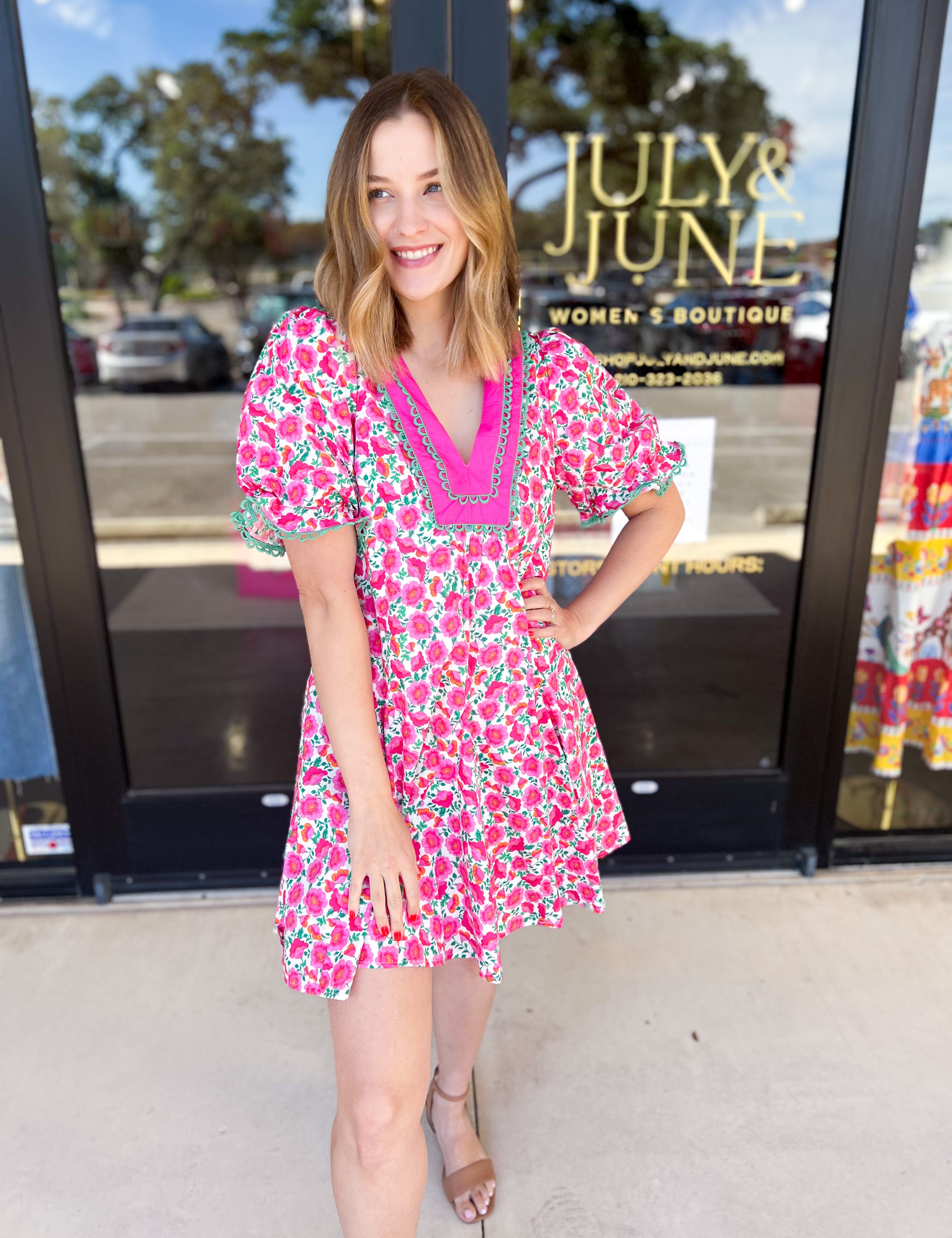 Pink Floral Garden Mini Dress-510 Mini-ENTRO-July & June Women's Fashion Boutique Located in San Antonio, Texas