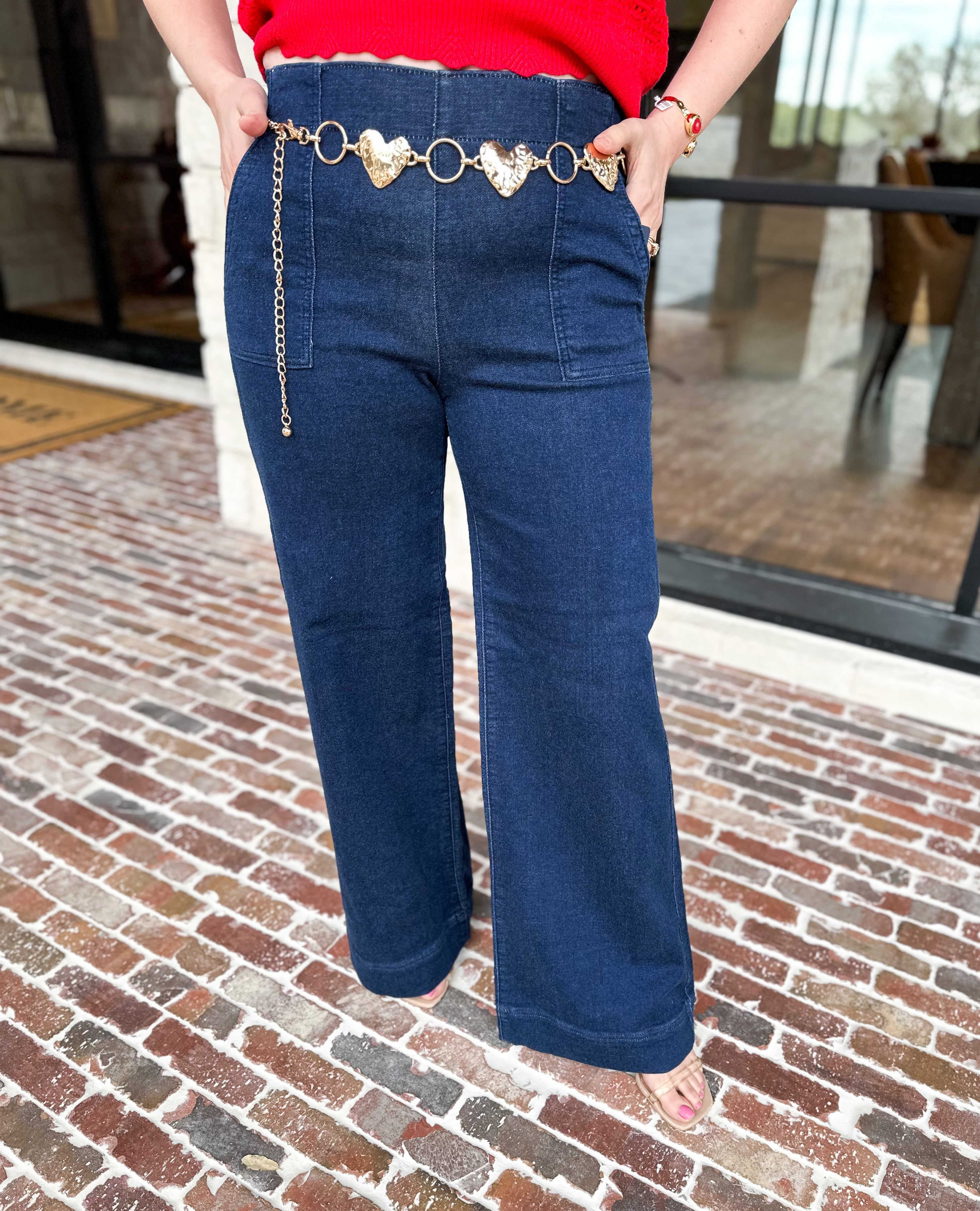 Risen - Dark Wide Leg Patch Pocket Denim Pants-400 Pants-RISEN-July & June Women's Fashion Boutique Located in San Antonio, Texas
