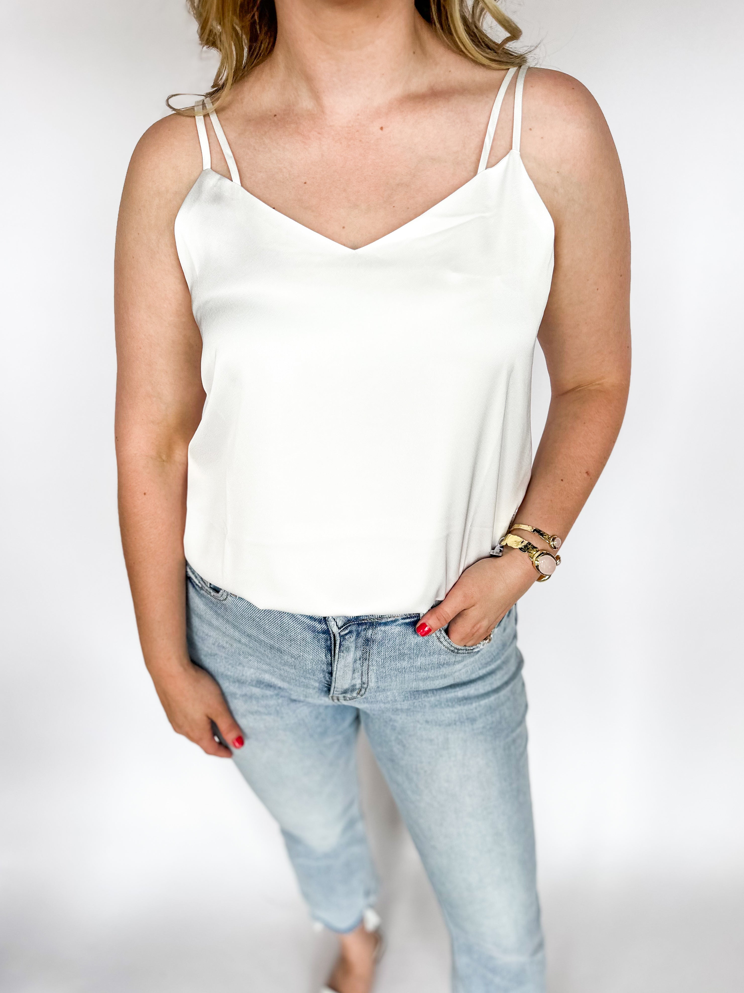 Satin Cami - White-200 Fashion Blouses-SKIES ARE BLUE-July & June Women's Fashion Boutique Located in San Antonio, Texas