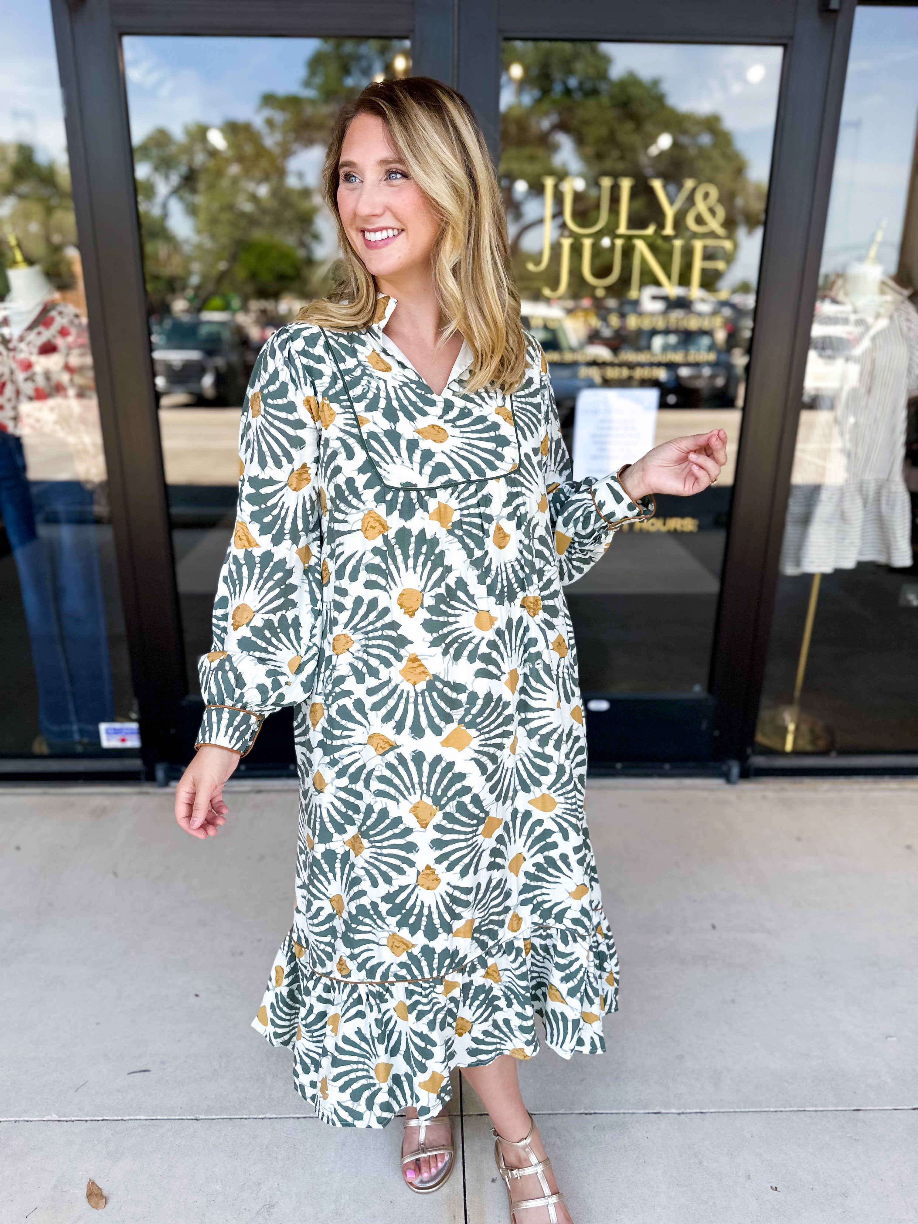 Sage & Mustard Abstract Midi Dress-500 Midi-JODIFL-July & June Women's Fashion Boutique Located in San Antonio, Texas