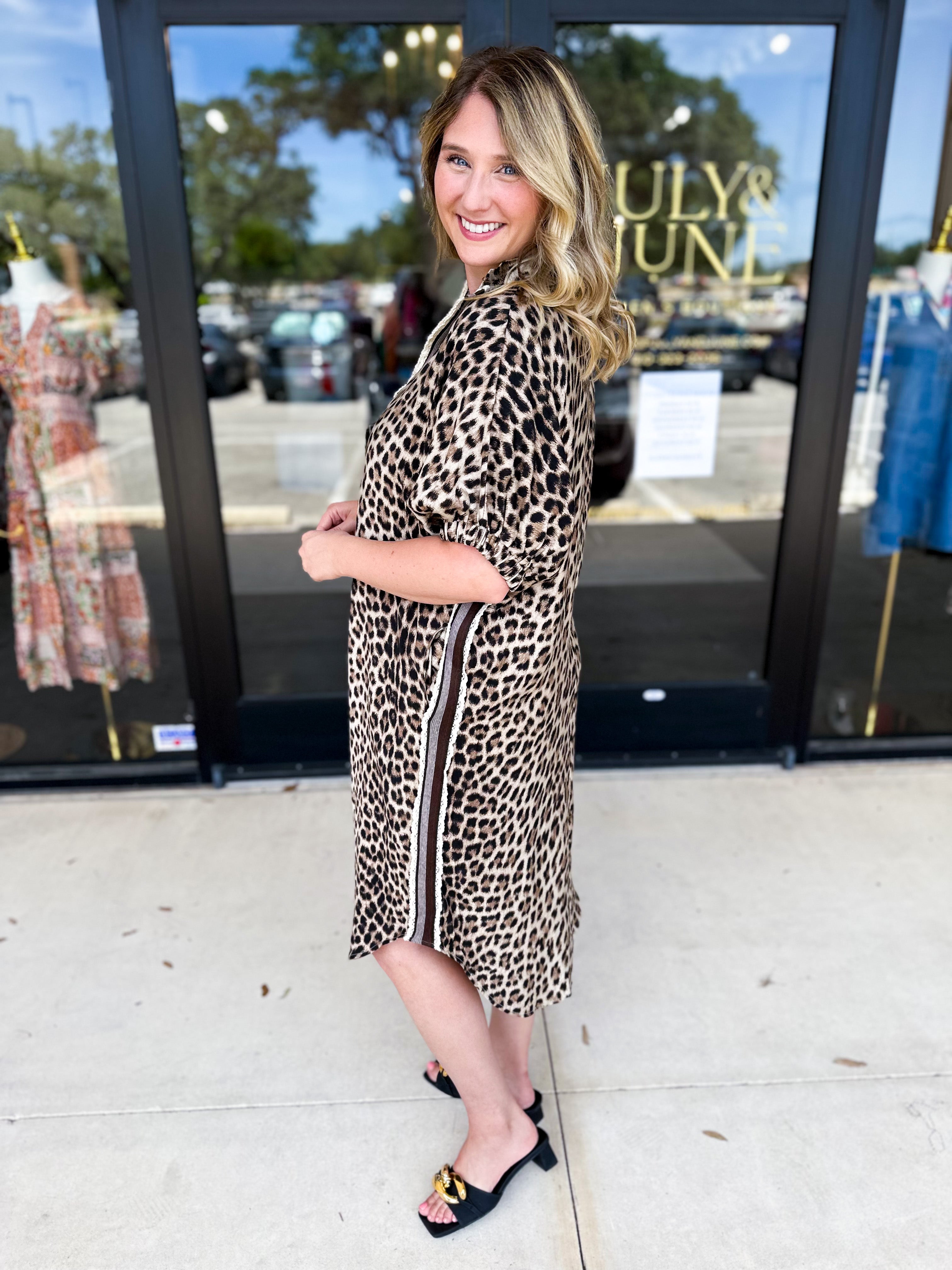 Leopard Caftan Midi Dress - Mocha-500 Midi-ENTRO-July & June Women's Fashion Boutique Located in San Antonio, Texas