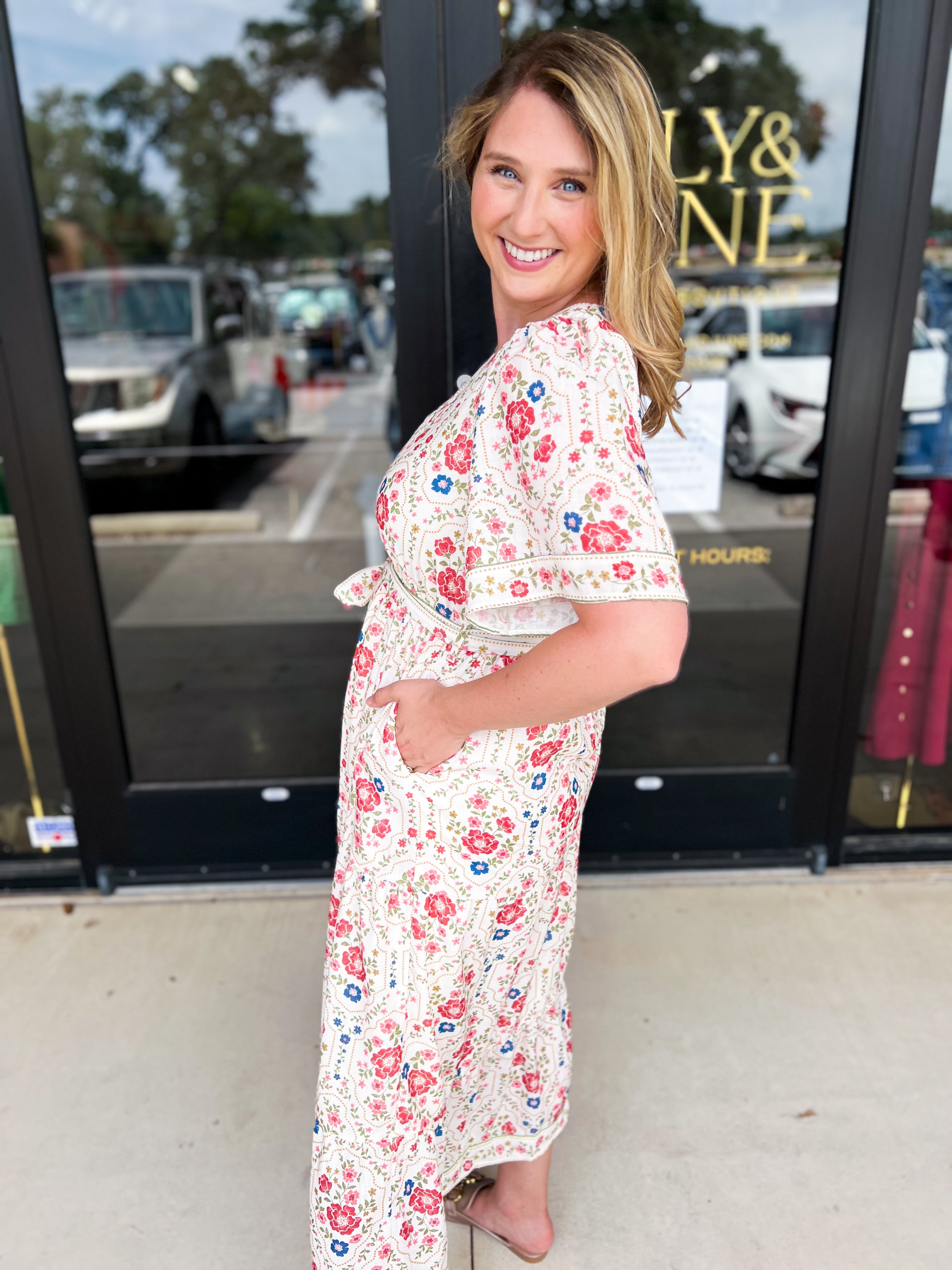 Cream & Pink Floral Midi Dress-500 Midi-POLOGRAM-July & June Women's Fashion Boutique Located in San Antonio, Texas
