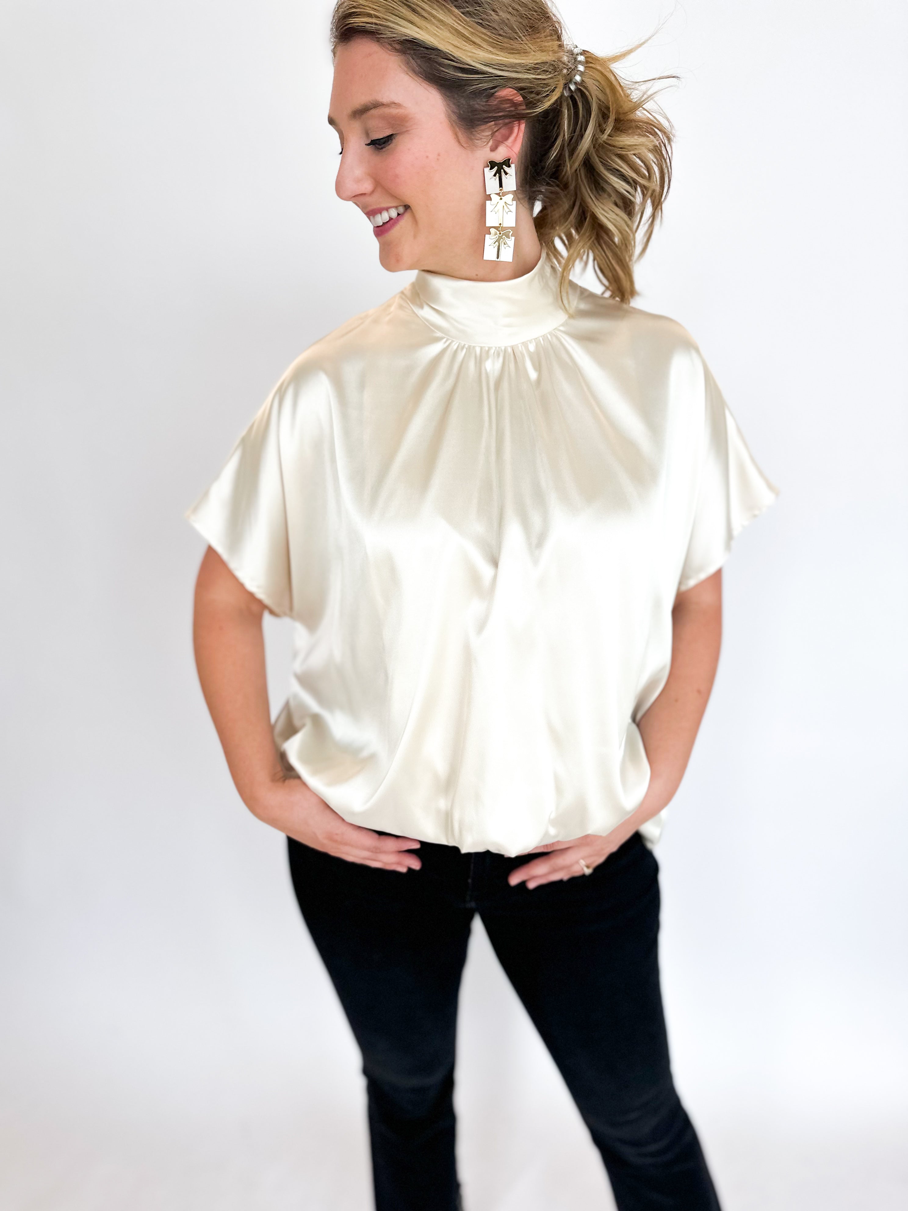 Charming Satin Blouse - Pearl-200 Fashion Blouses-ADRIENNE-July & June Women's Fashion Boutique Located in San Antonio, Texas