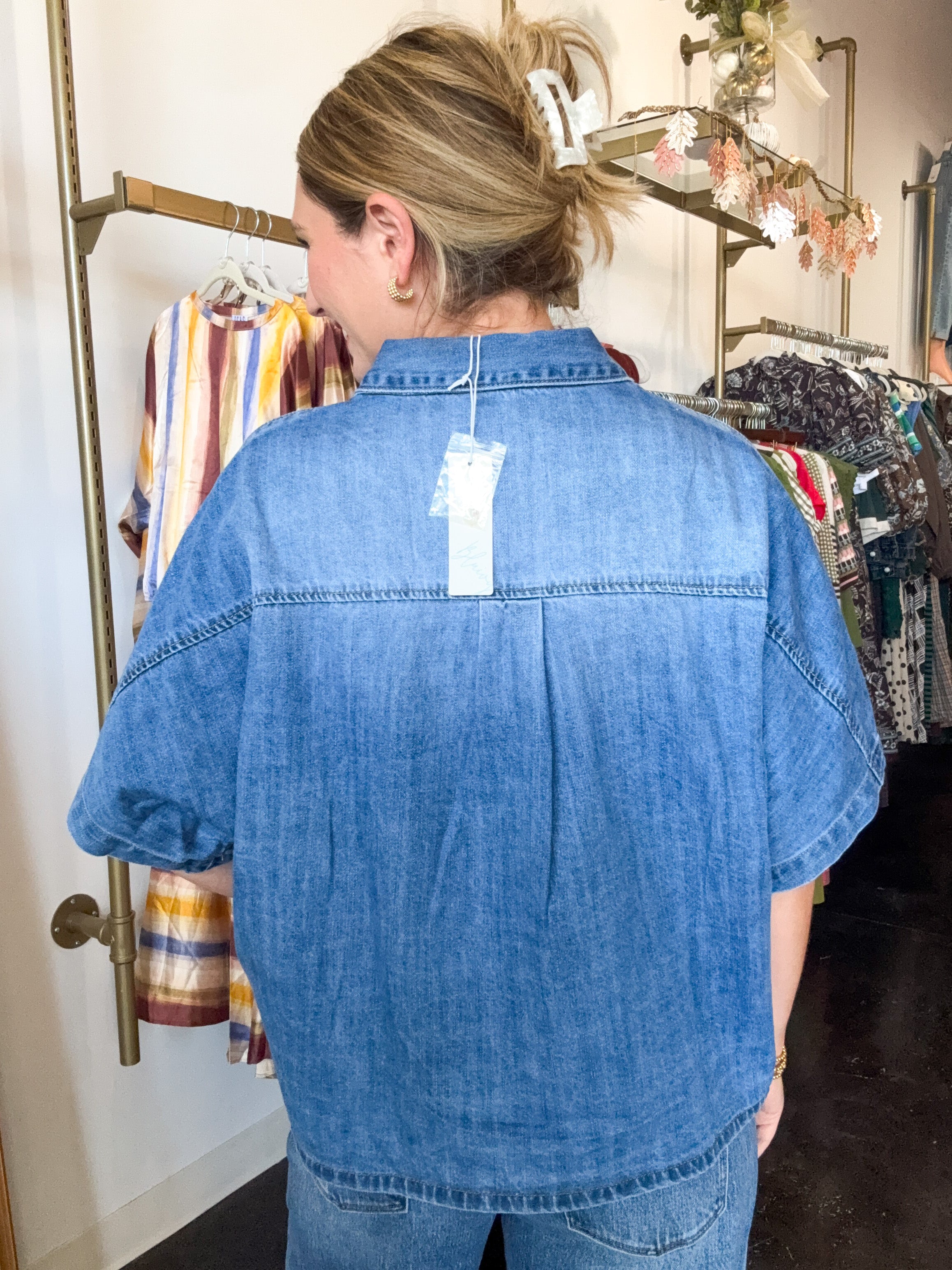 Short Sleeve Boxy Denim Button Down - Medium Wash-200 Fashion Blouses-BLUIVY-July & June Women's Fashion Boutique Located in San Antonio, Texas