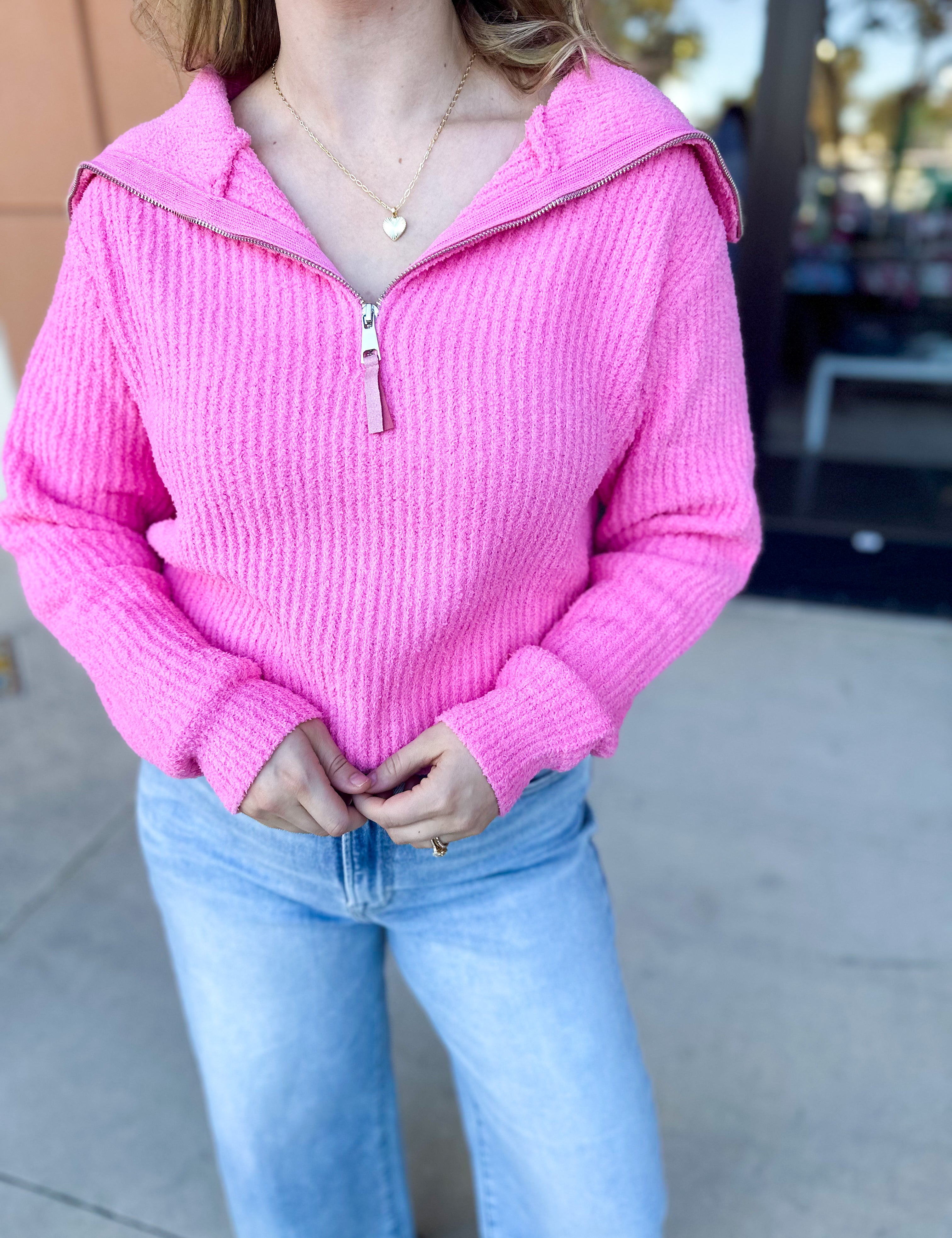 Bubblegum Pink Zip Sweater Top-230 Sweaters/Cardis-ALLIE ROSE-July & June Women's Fashion Boutique Located in San Antonio, Texas