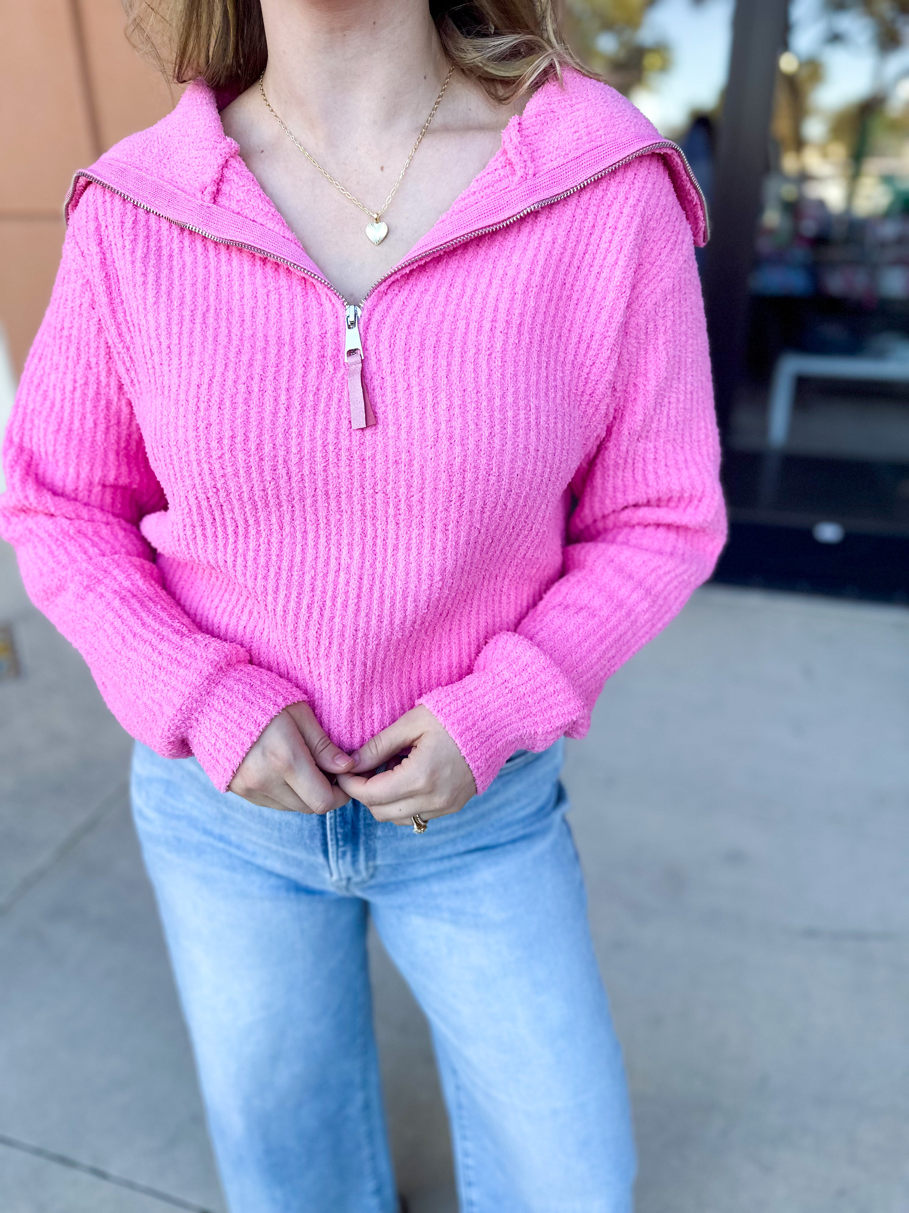 Bubblegum Pink Zip Sweater Top-230 Sweaters/Cardis-ALLIE ROSE-July & June Women's Fashion Boutique Located in San Antonio, Texas