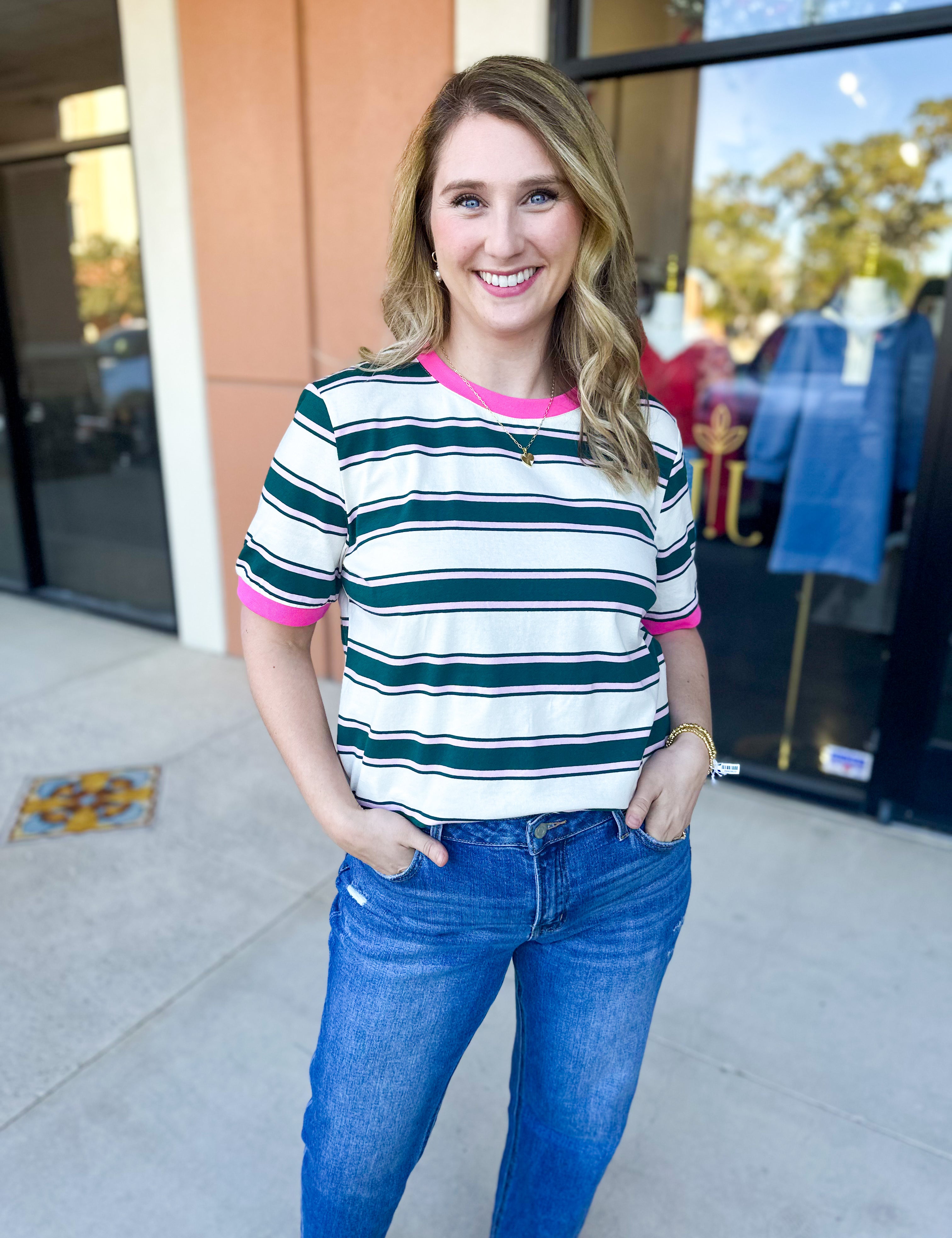 Kelly Green & Pink Tee-210 Casual Blouses-POLOGRAM-July & June Women's Fashion Boutique Located in San Antonio, Texas