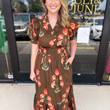 Mocha & Rust Floral Midi Dress-500 Midi-ENTRO-July & June Women's Fashion Boutique Located in San Antonio, Texas