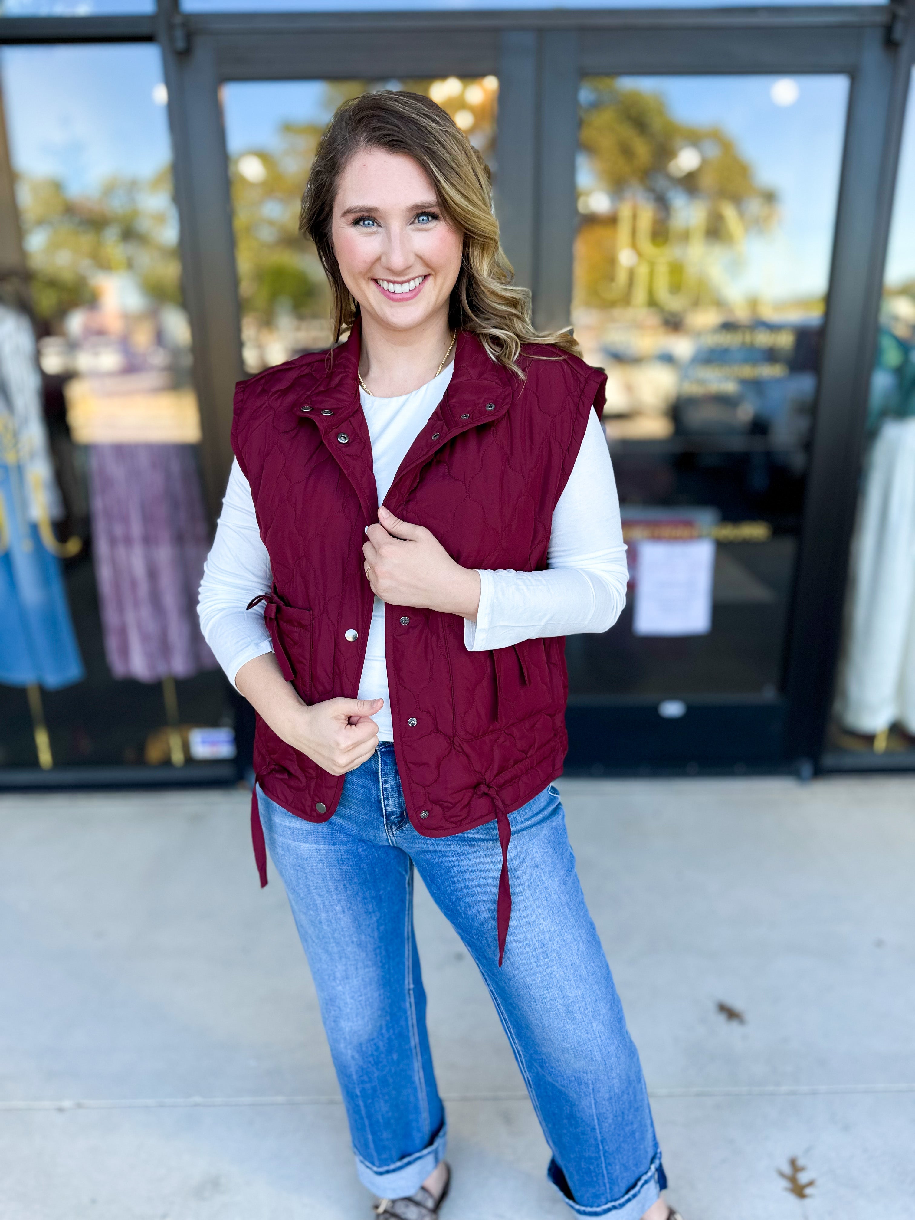 Quilted Bow Vest - Burgundy-600 Outerwear-BLU PEPPER-July & June Women's Fashion Boutique Located in San Antonio, Texas
